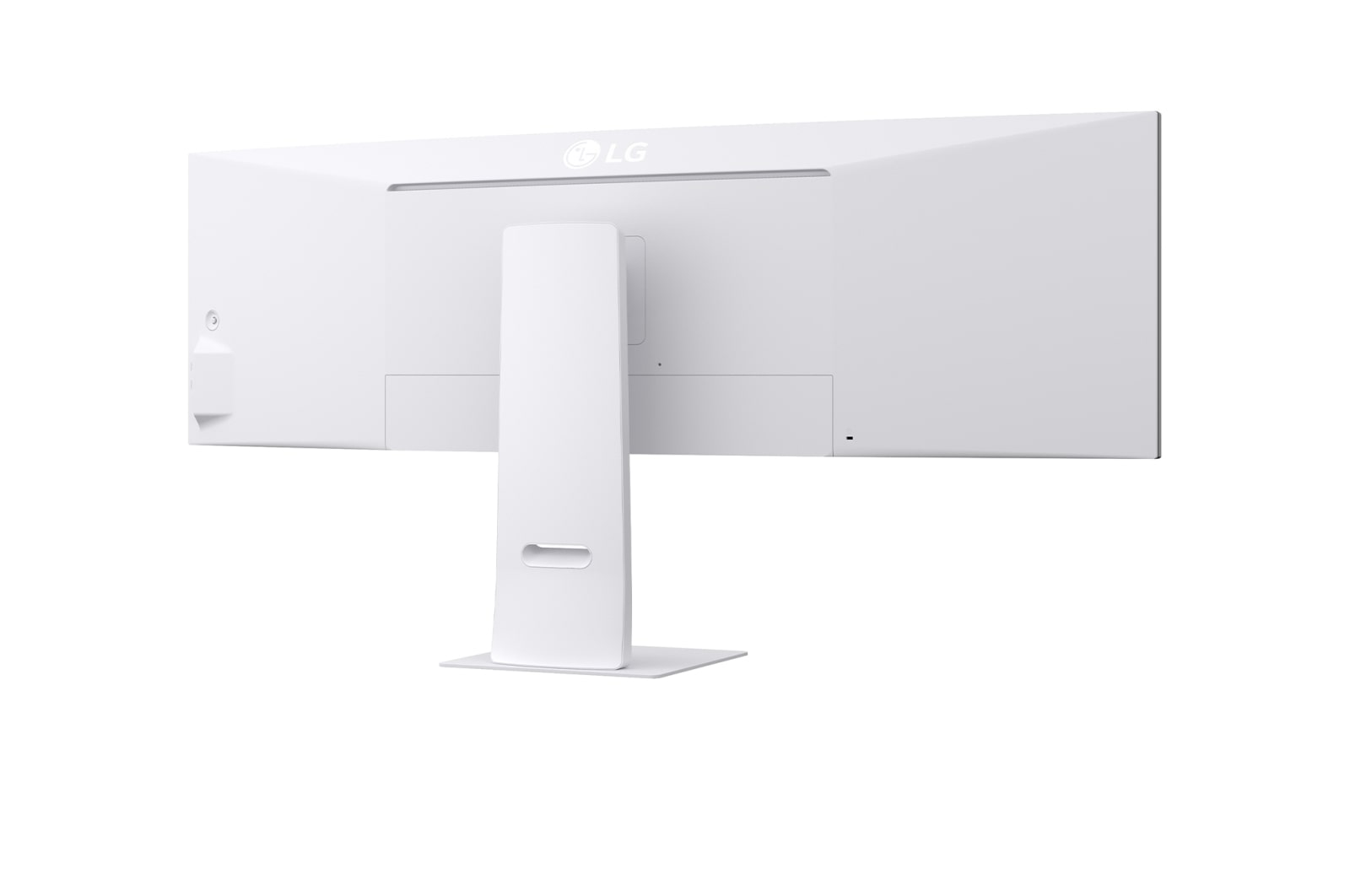 Achterkant van een witte LG monitor met witte standaard, op witte achtergrond.