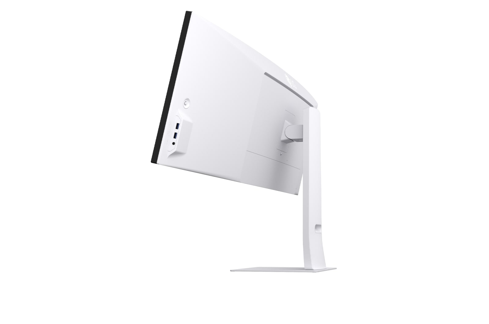 Achterkant van een witte monitor met poorten en standaard. Witte achtergrond.