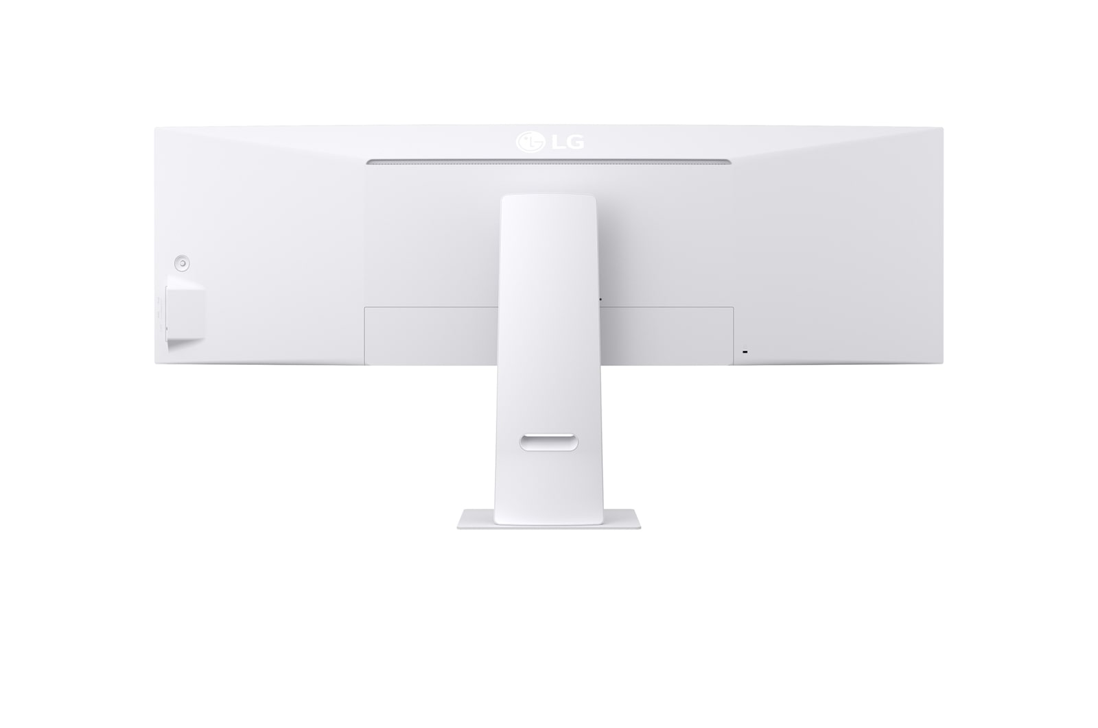 Achterkant van een witte LG monitor met slanke standaard op witte achtergrond.