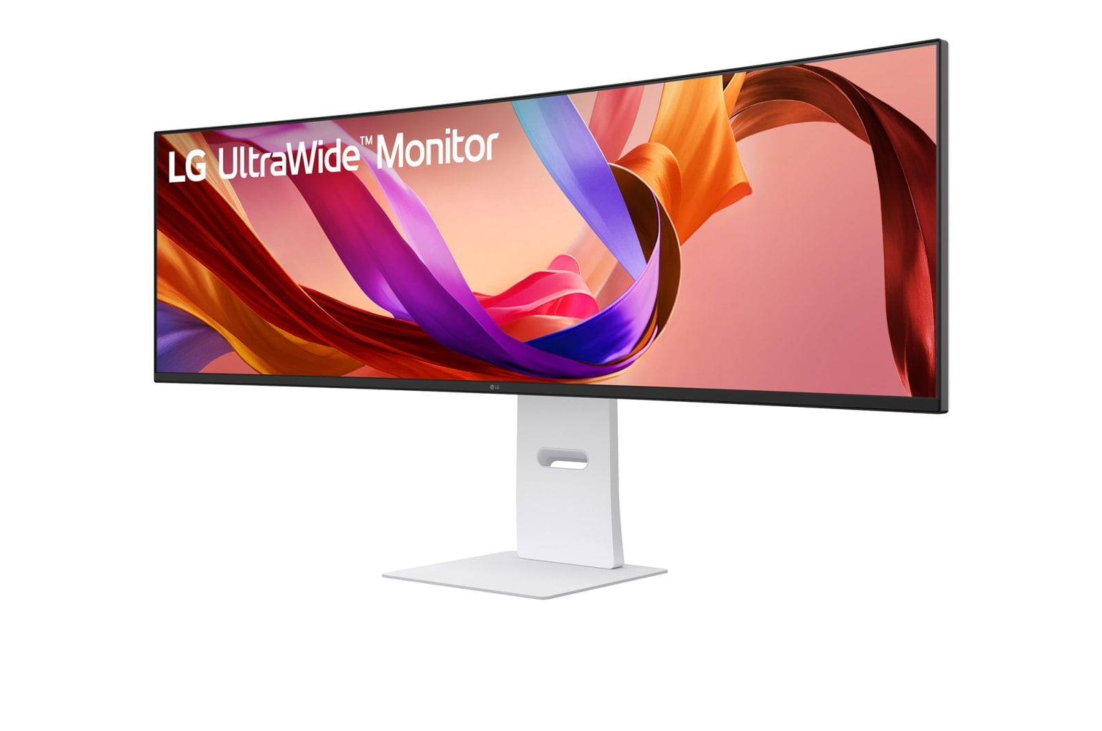 Een gebogen LG UltraWide monitor met kleurrijke abstracte achtergrond op een witte standaard.