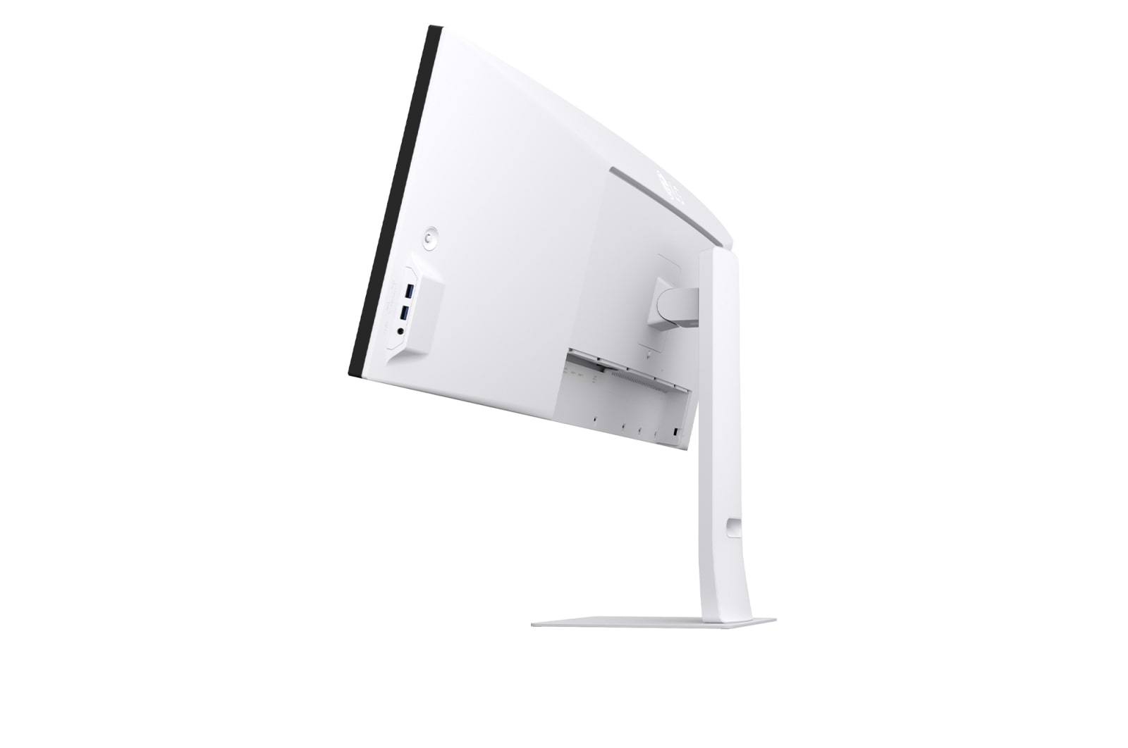 Achterkant van een witte monitor met standaard en poorten zichtbaar.