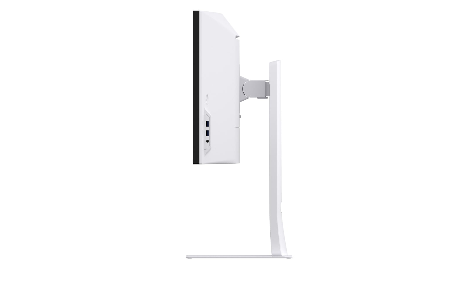 Witte monitorachterkant met poorten, op een witte standaard.