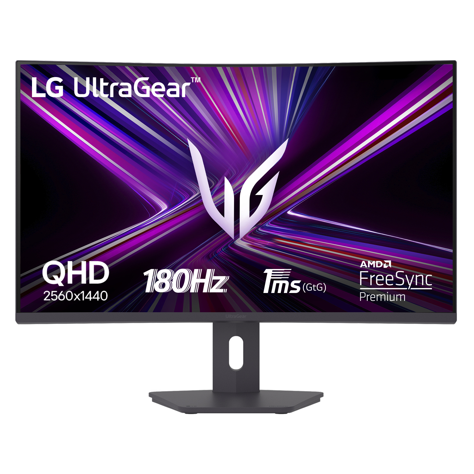 Ciemnoszary monitor gamingowy LG UltraGear z żywą, abstrakcyjną tapetą.