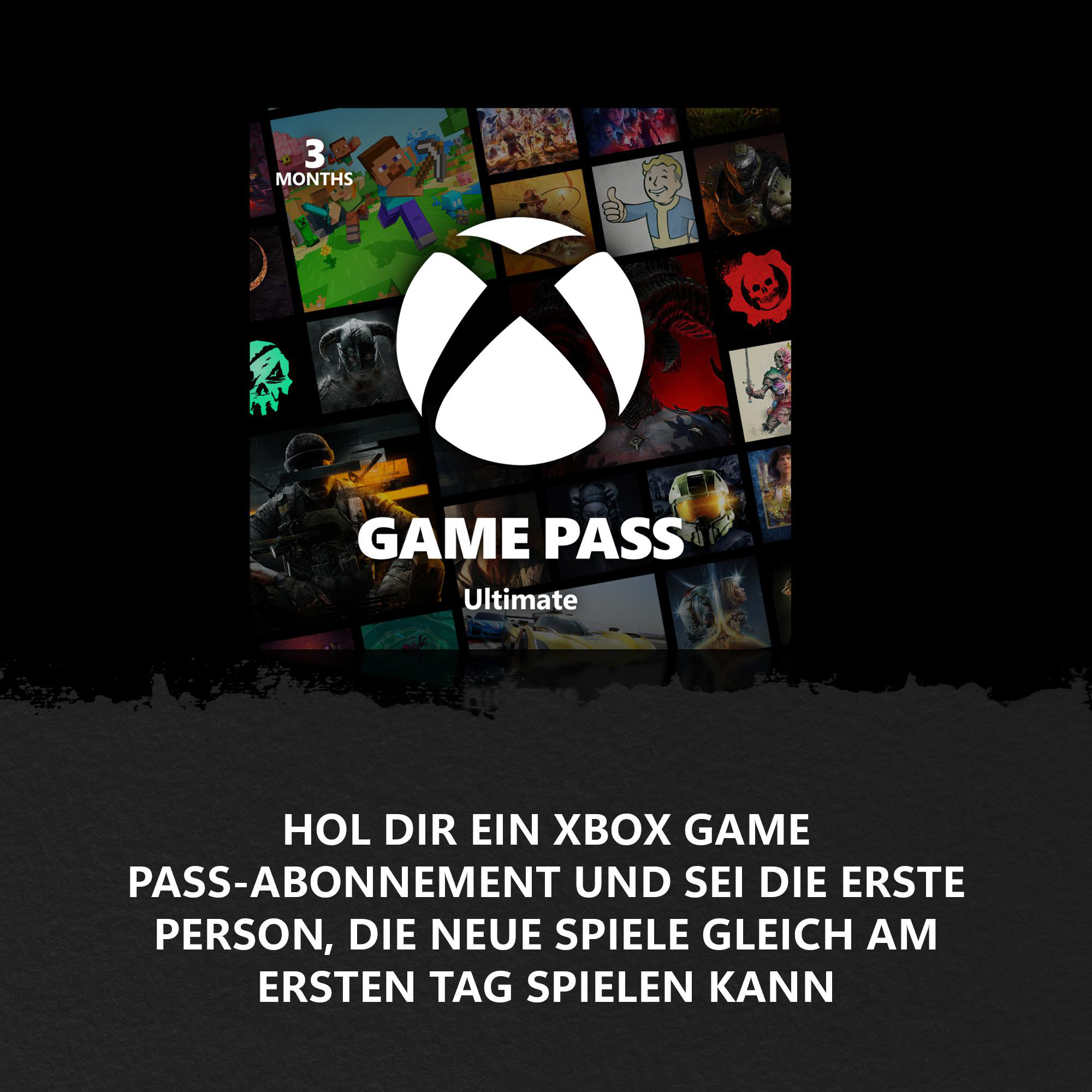 Xbox Game Pass Werbung. Weißes Xbox-Logo, Spielgrafiken und Text: 'Game Pass Ultimate'. Schwarzer Hintergrund.