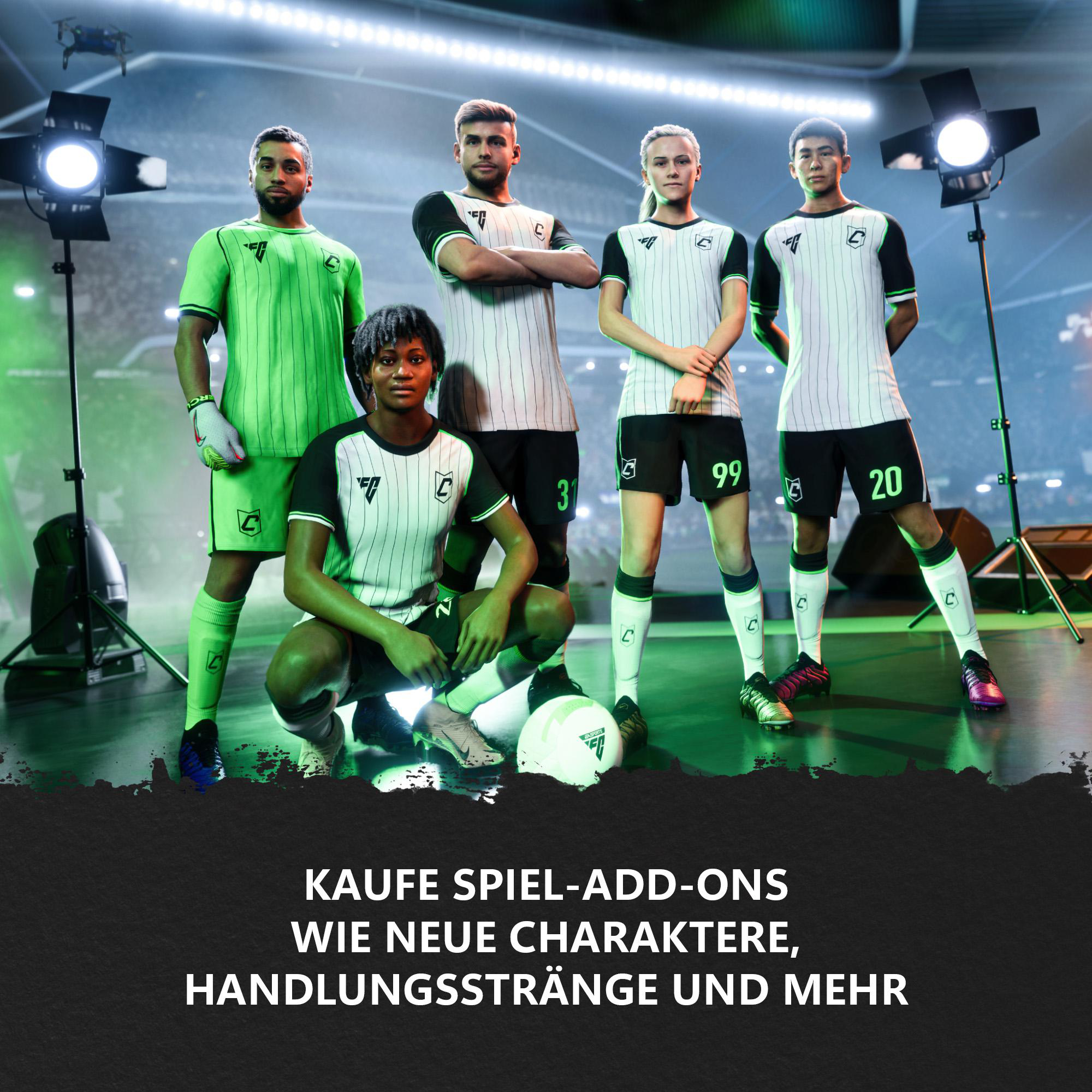 Fünf Fußballspieler in Uniformen stehen und knien auf einem grünen Feld. Lichter und Text befinden sich im Hintergrund.