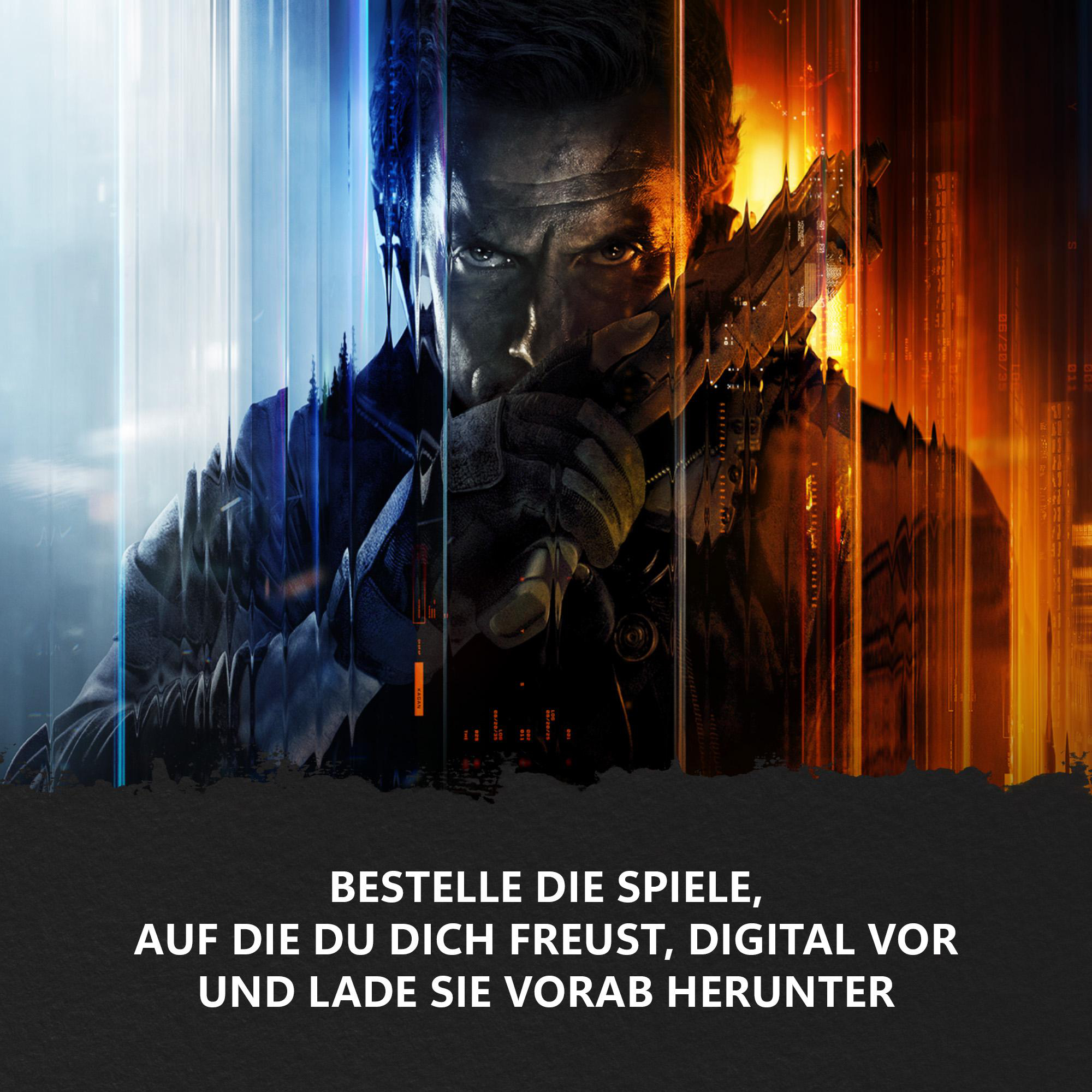 Ein Mann mit einer Waffe wird von blauem und orangefarbenem Licht umrahmt. Unten steht: Bestellen Sie die Spiele, auf die Sie sich freuen, digital.