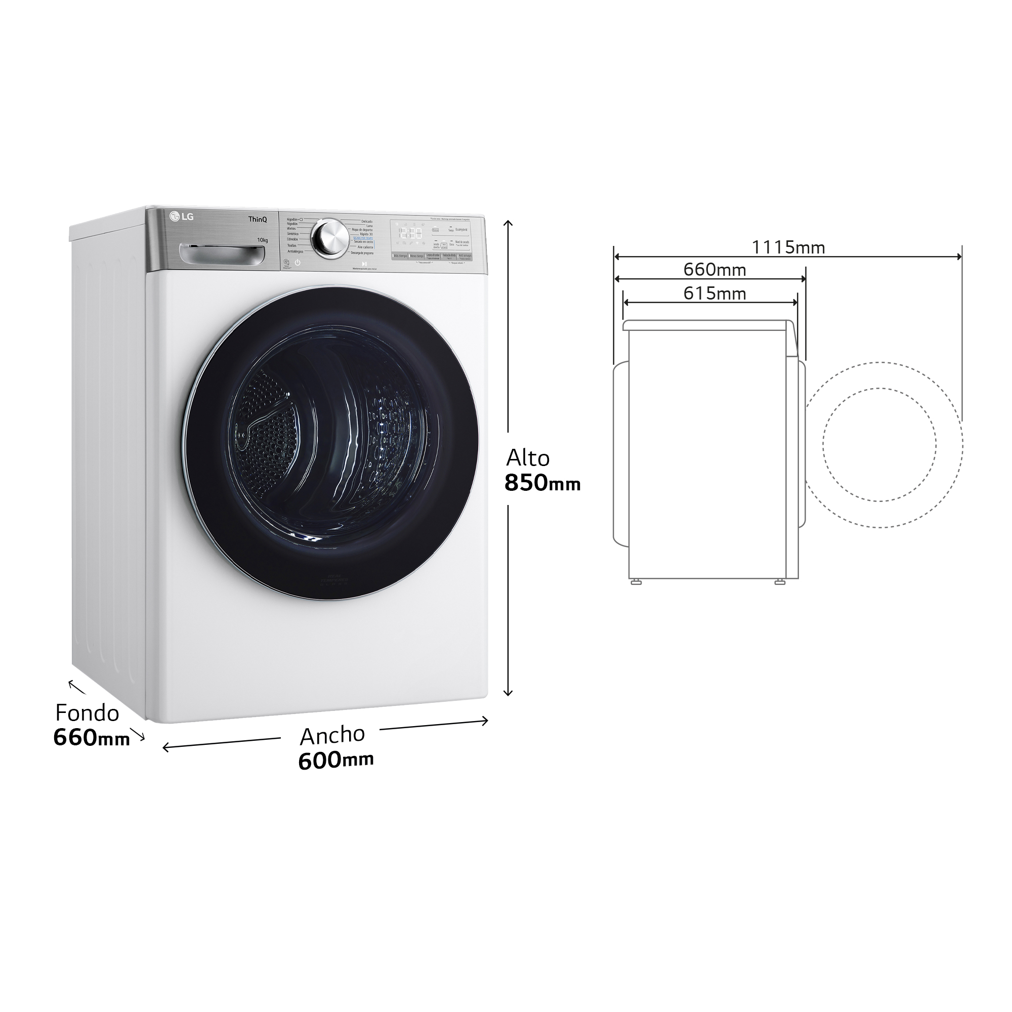 Secadora LG blanca con puerta negra. Dimensiones: ancho 600mm, fondo 660mm, alto 850mm. Diagramas muestran las dimensiones.
