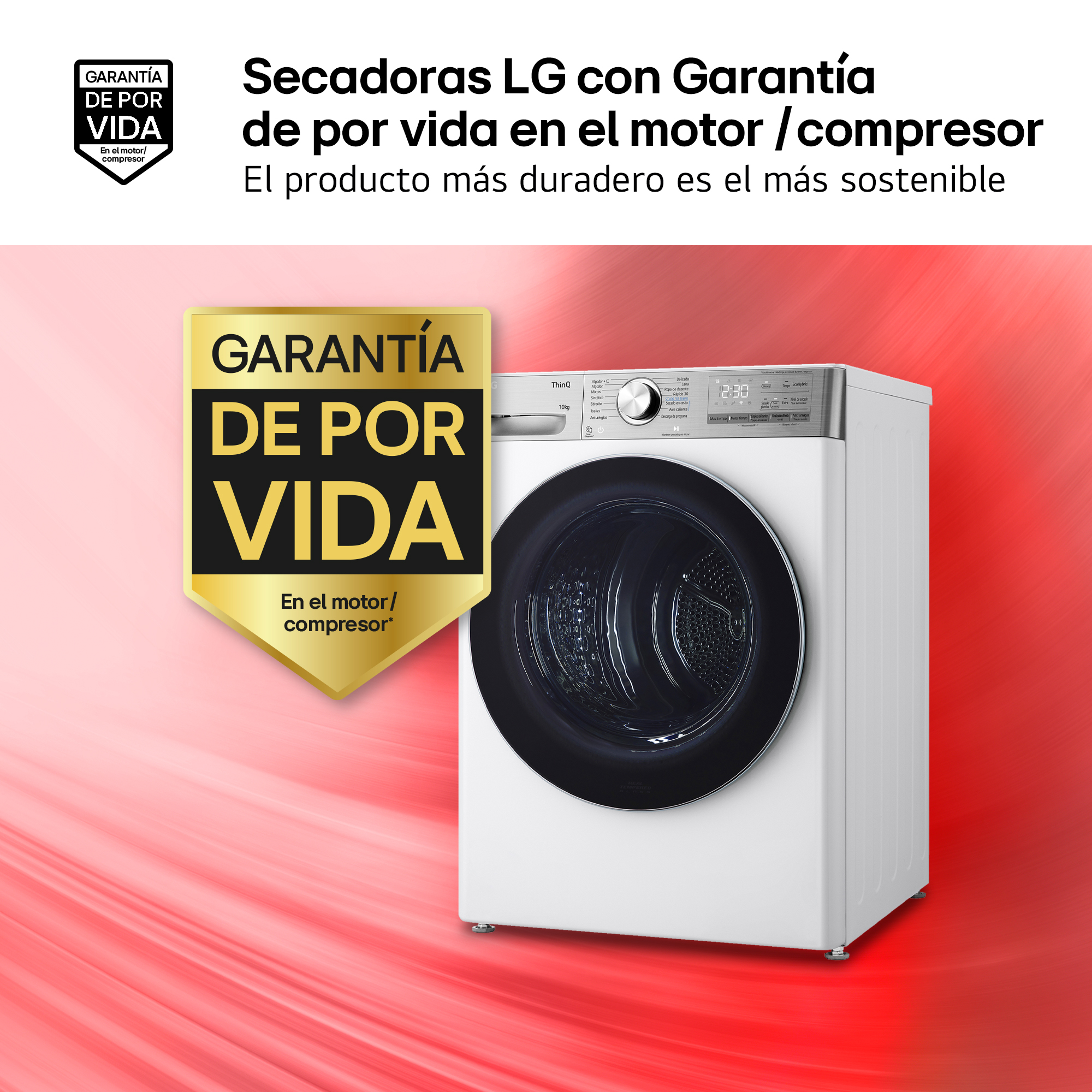 Una secadora LG blanca con puerta negra sobre fondo rojo degradado. El texto describe garantía y sostenibilidad.