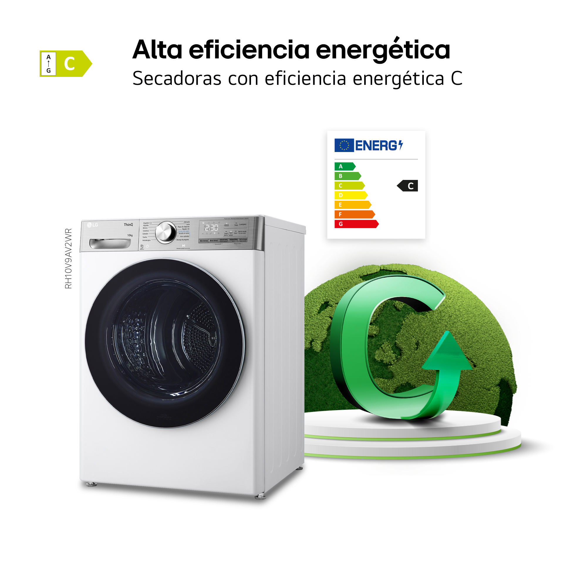 Una secadora LG blanca con puerta negra. También hay una etiqueta de eficiencia energética y un símbolo de reciclaje.