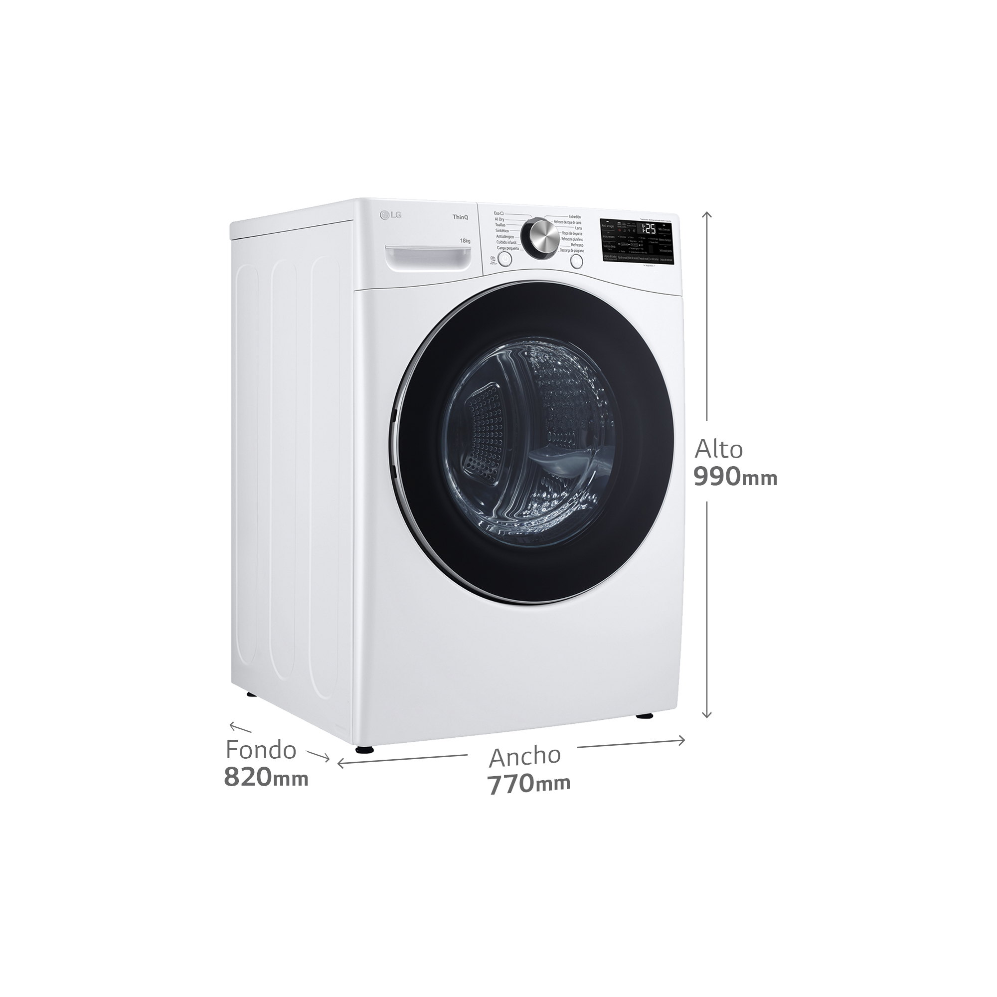 Una lavadora blanca LG con dimensiones etiquetadas. Tiene una puerta negra y un panel de control con pantalla. Se muestran las dimensiones.