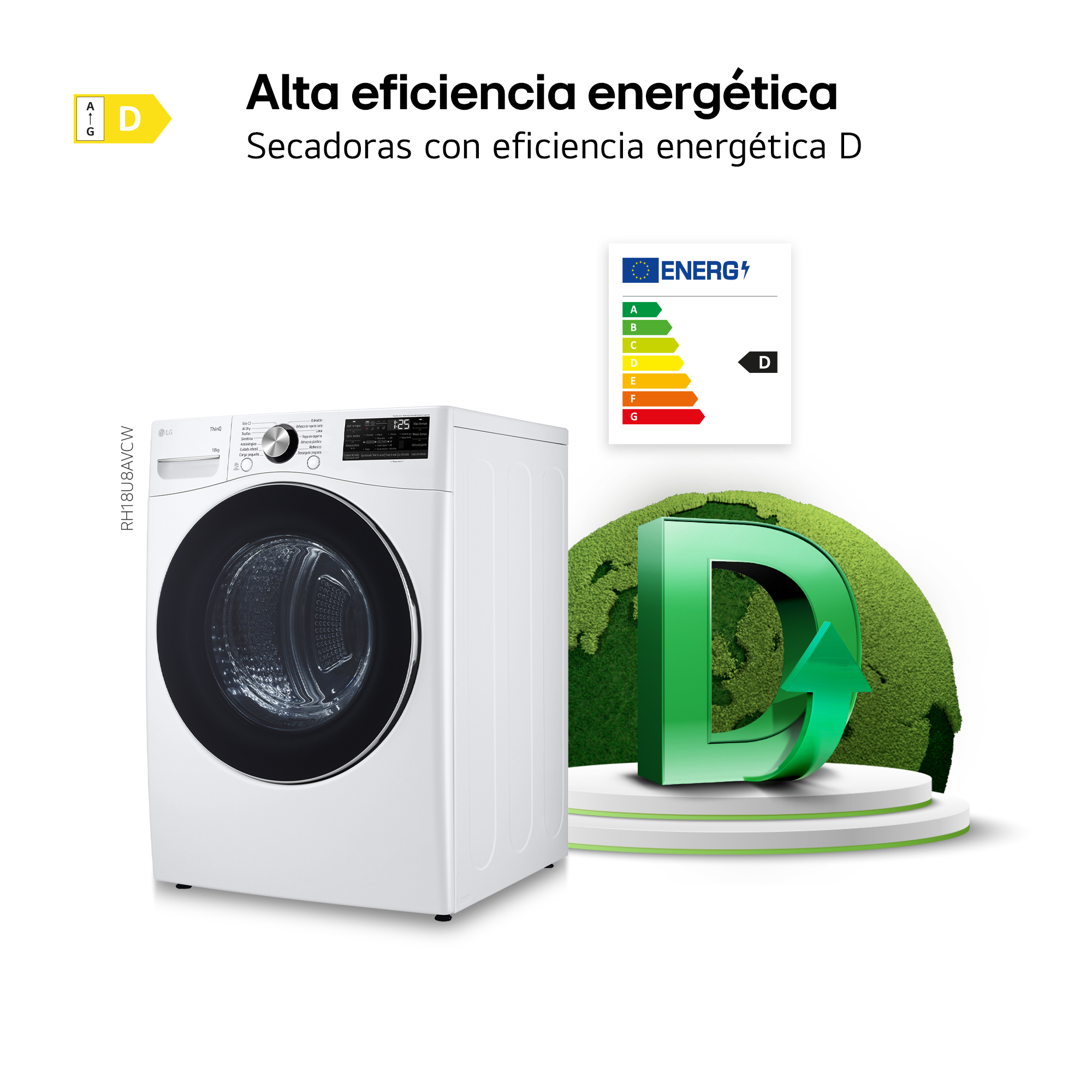 Se muestra una lavadora blanca. Una etiqueta de eficiencia energética indica una clasificación D. El texto dice 'Alta eficiencia energética'.
