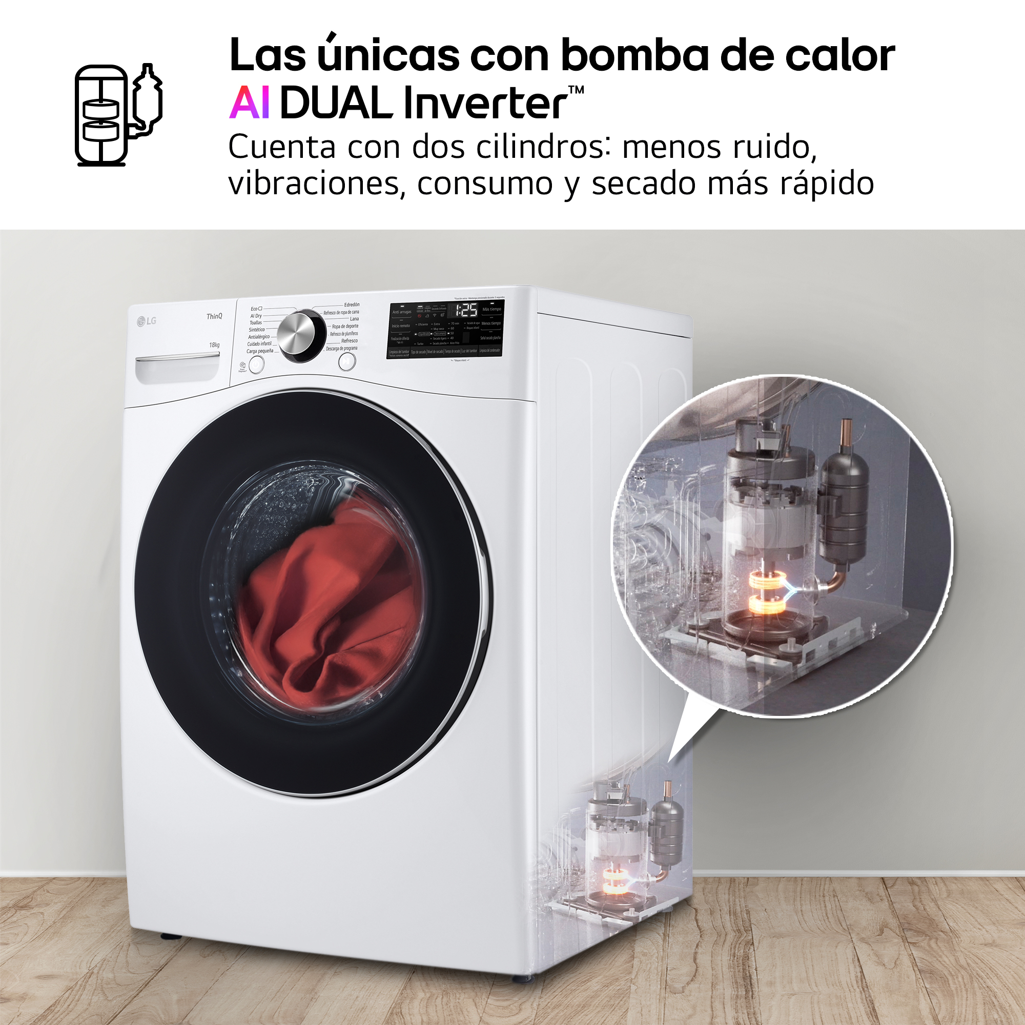 Una lavadora blanca con puerta de cristal, ropa roja dentro. Un diagrama muestra sus componentes internos.