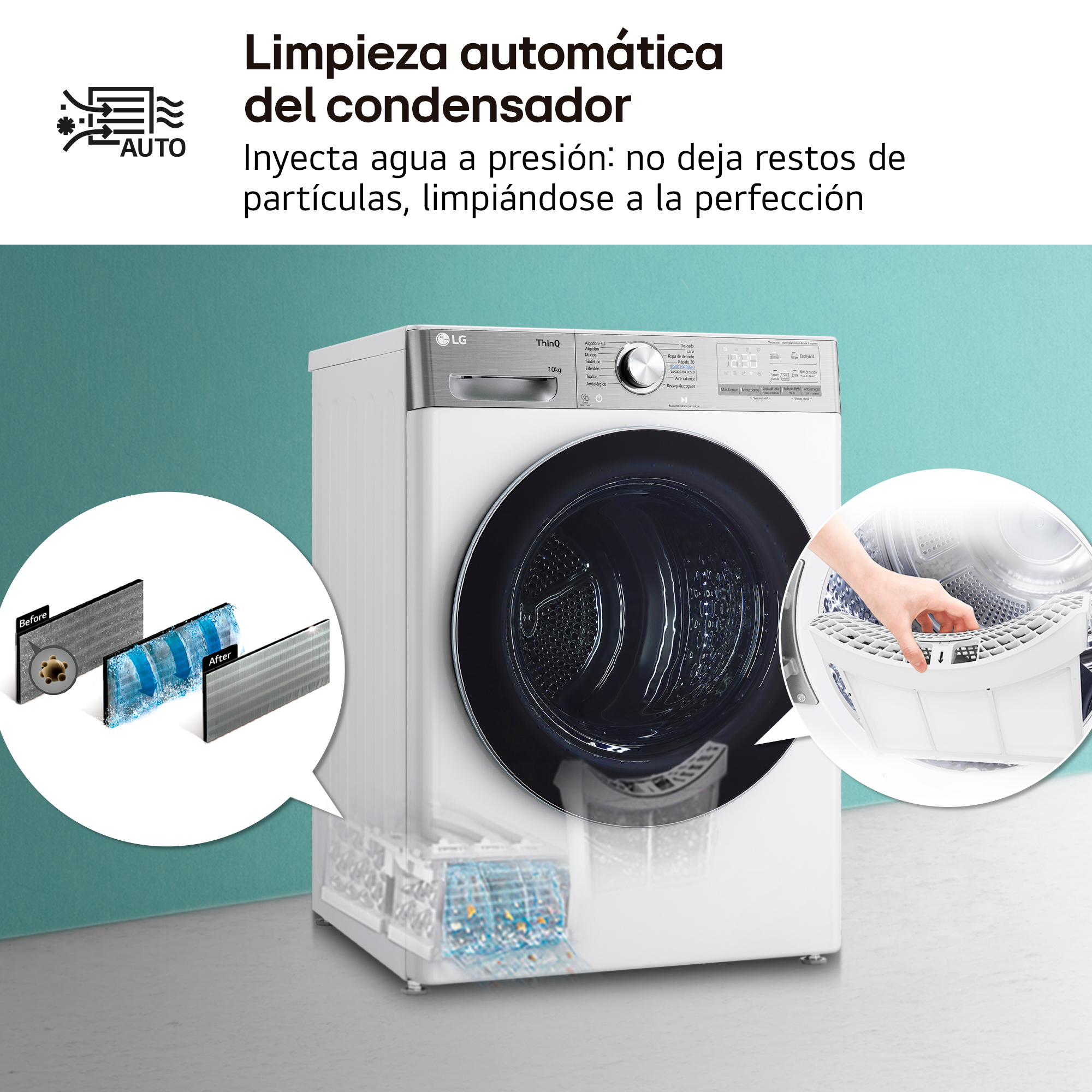 Secadora LG blanca, mostrando la función de autolimpieza. Texto: limpieza automática del condensador. El agua limpia partículas.