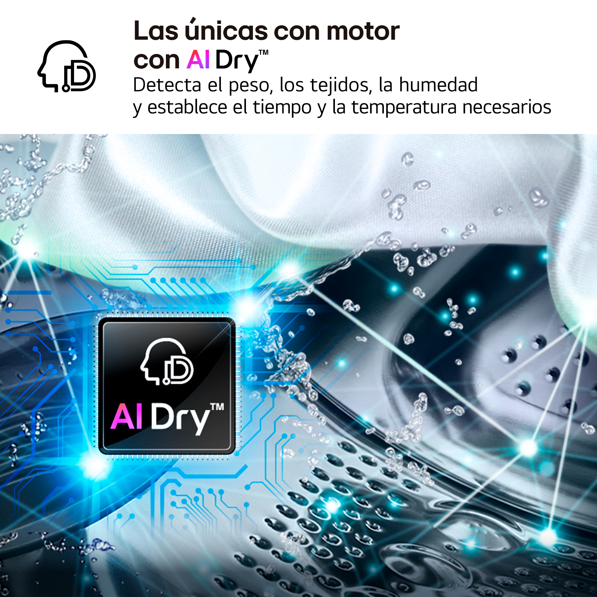Un componente de lavadora AI Dry con texto. Gotas de agua y tela en el fondo.