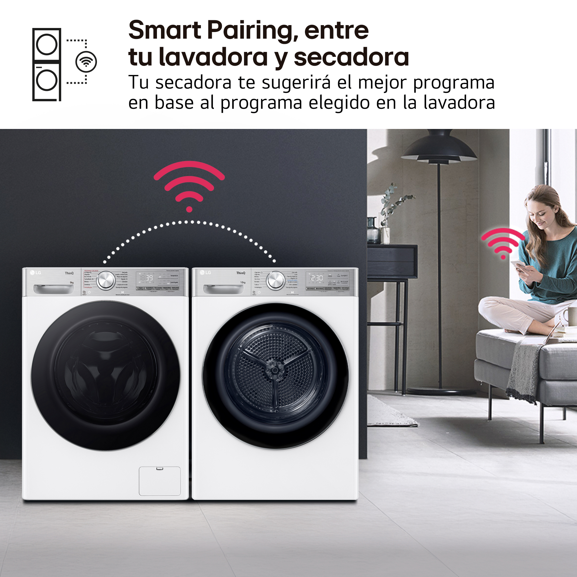 Dos lavadoras blancas, mujer con teléfono, iconos Wi-Fi. Texto: Emparejamiento inteligente entre lavadora y secadora.
