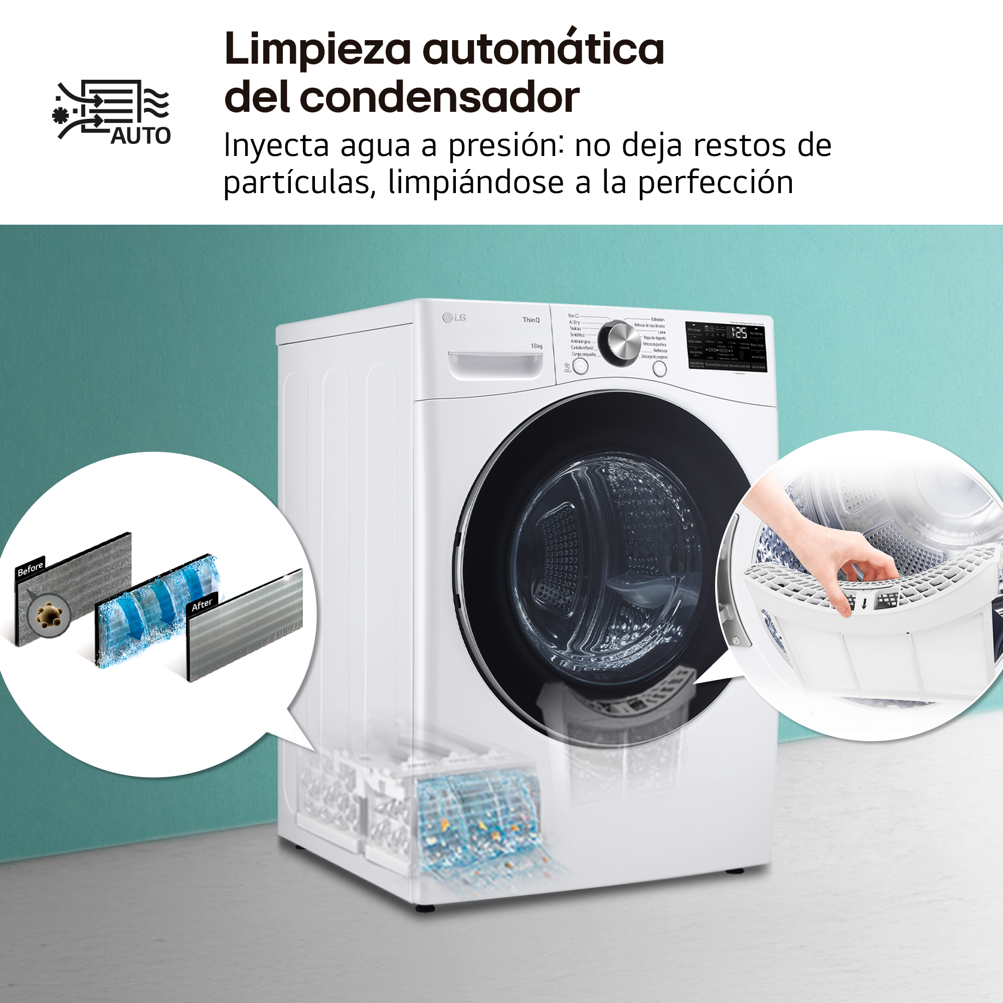 Secadora LG blanca con limpieza automática del condensador. Muestra limpieza del filtro con agua. Texto en español.