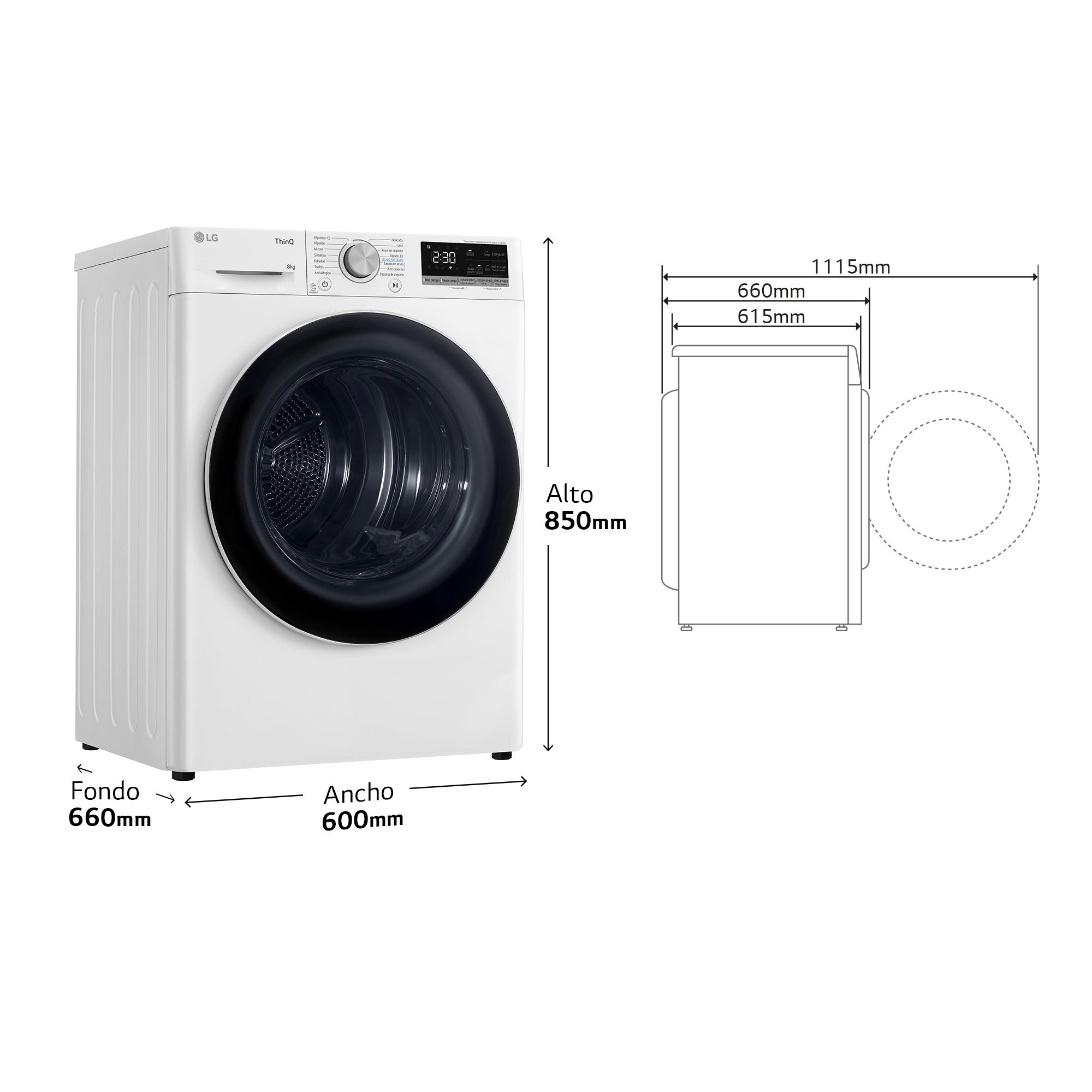 Secadora LG blanca con puerta negra. Se muestran las dimensiones. El panel de control muestra 2:30. Medidas en milímetros.