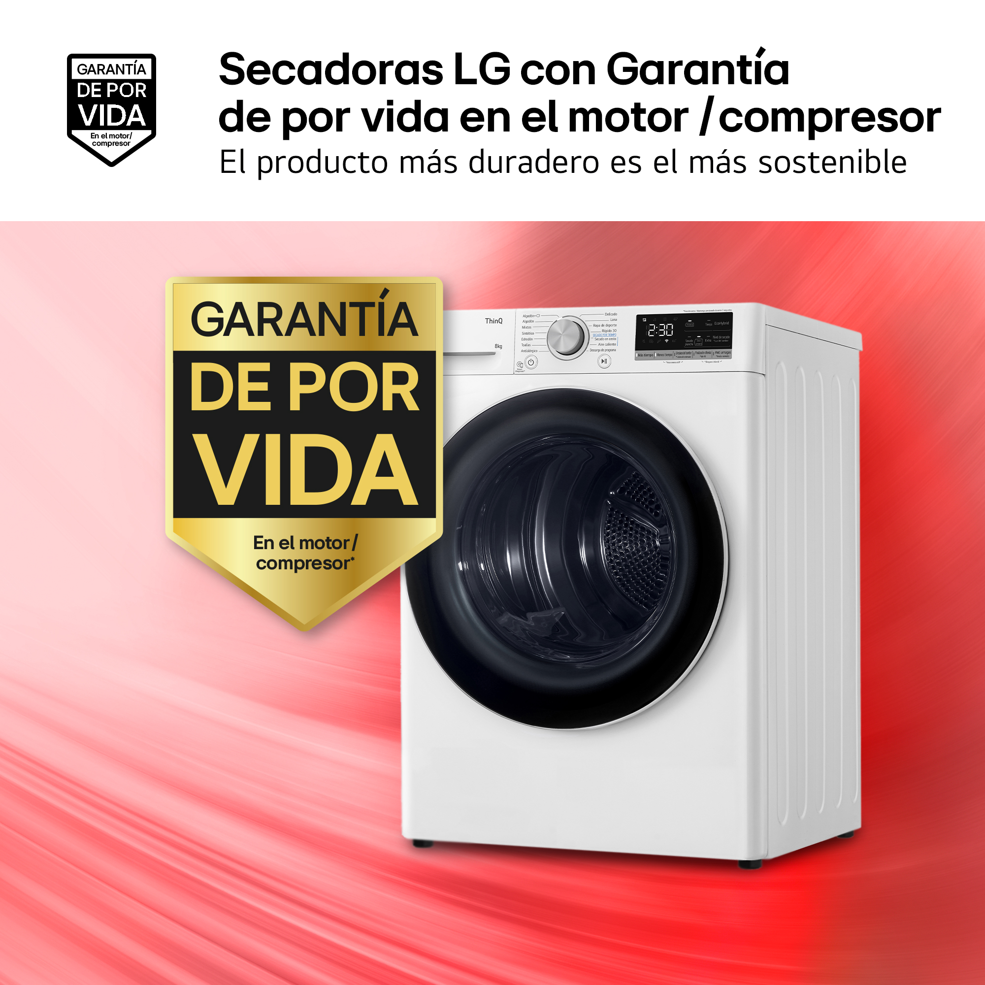 Una secadora LG blanca con puerta negra sobre fondo rojo. Hay un logotipo de garantía.