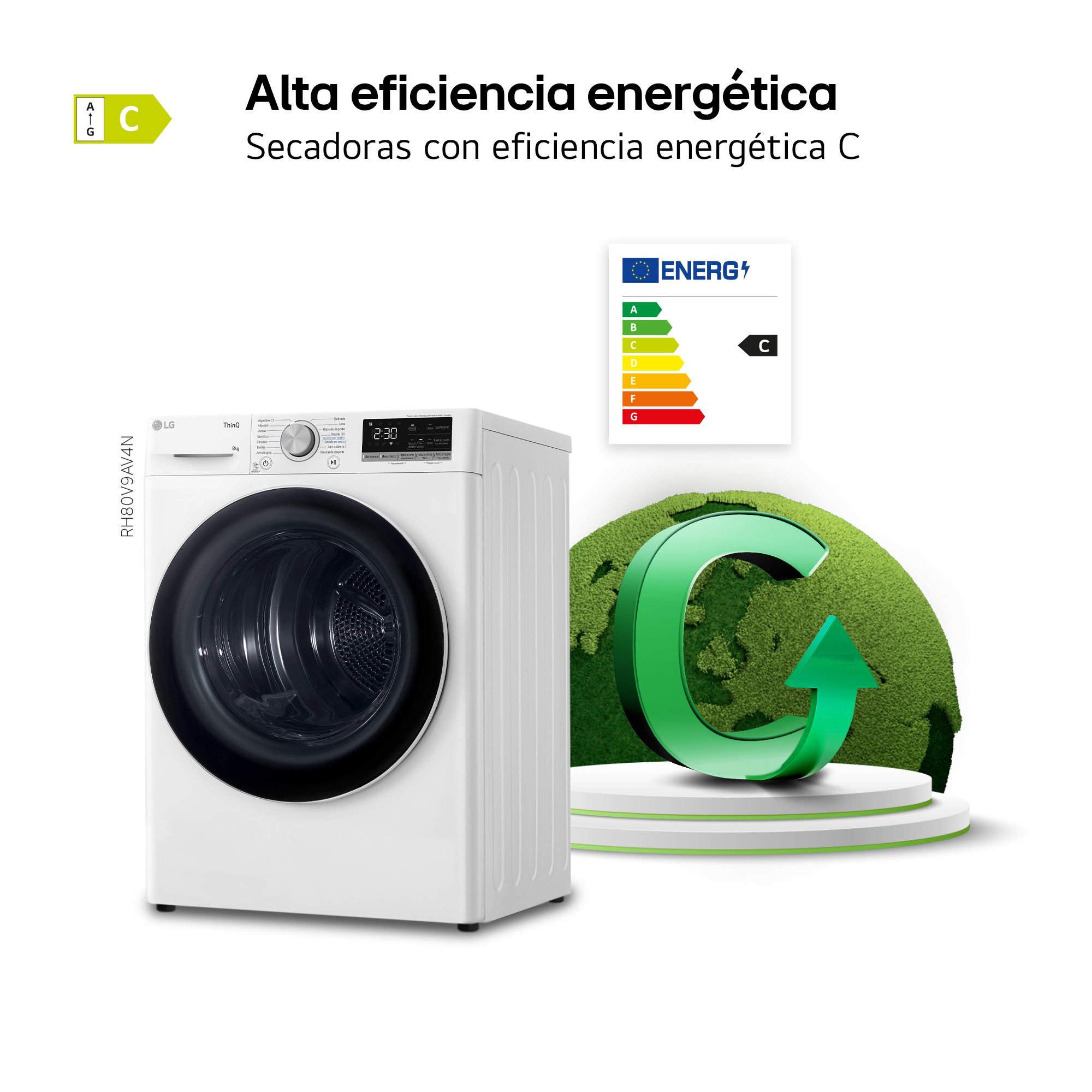 Una secadora LG blanca con puerta negra. También se ve la etiqueta de eficiencia energética y el símbolo de reciclaje verde.