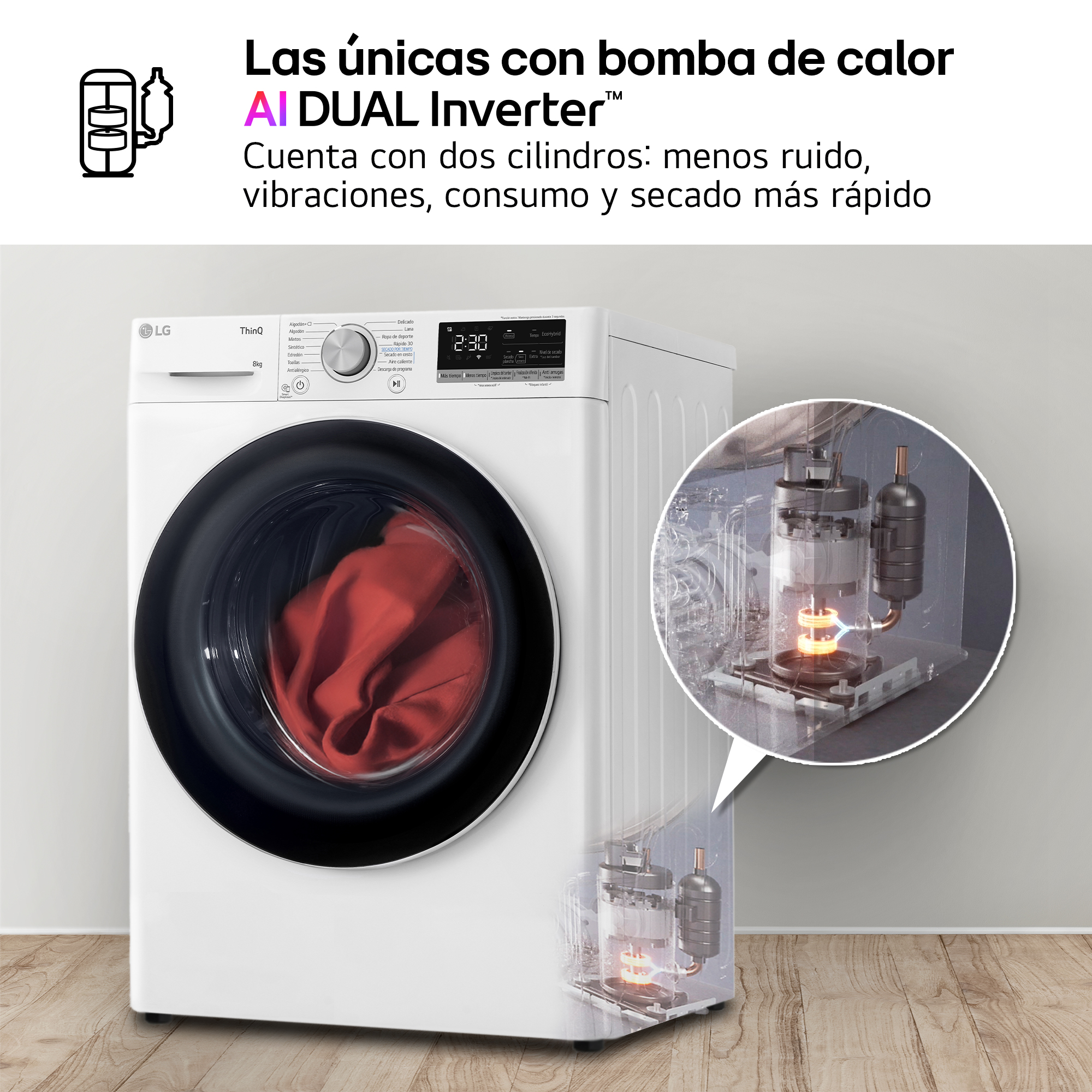 Secadora LG blanca con ropa roja dentro. Un diagrama muestra su tecnología de bomba de calor. El texto indica características y beneficios.