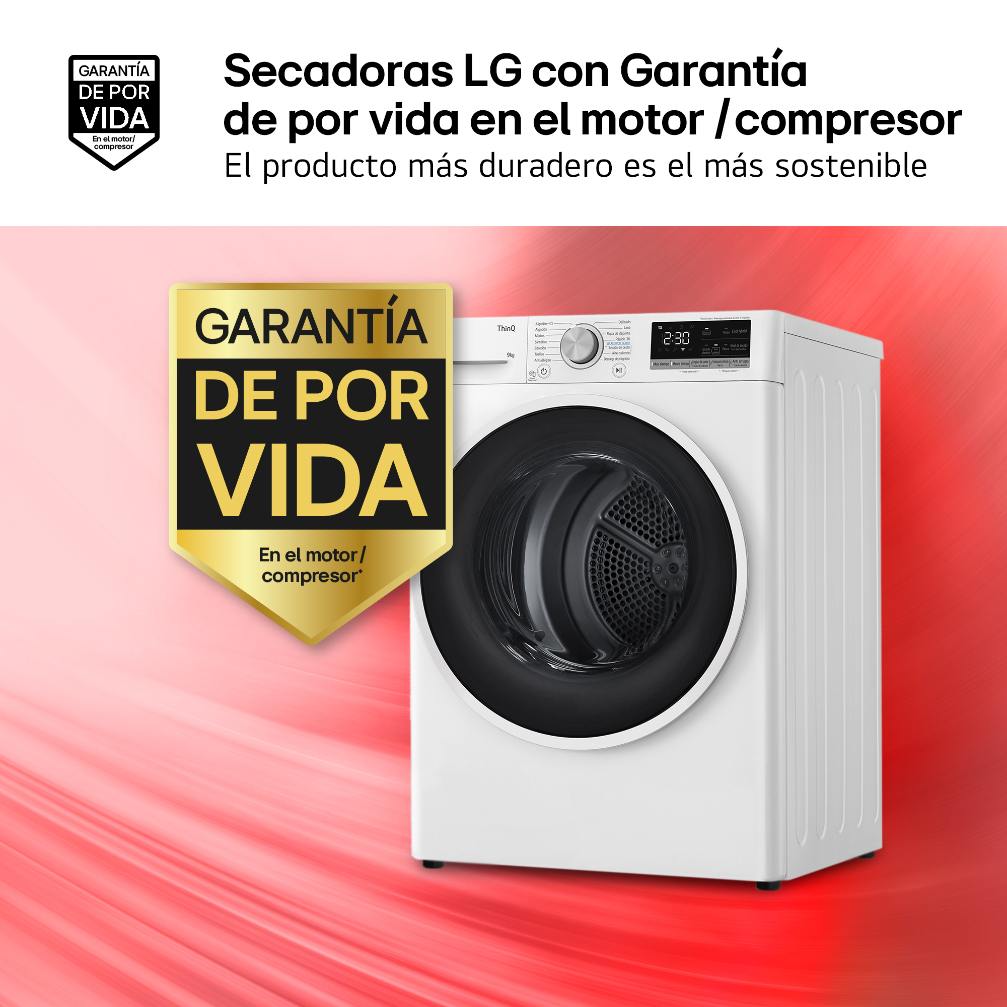 Una secadora LG blanca con puerta negra sobre fondo rojo. Texto: 'Garantía de por vida en el motor/compresor'.