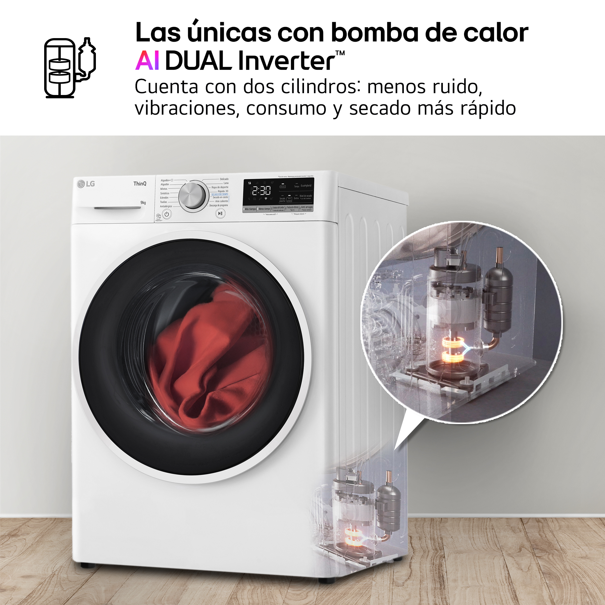 Lavadora LG blanca con ropa roja dentro. Diagrama muestra los componentes internos.