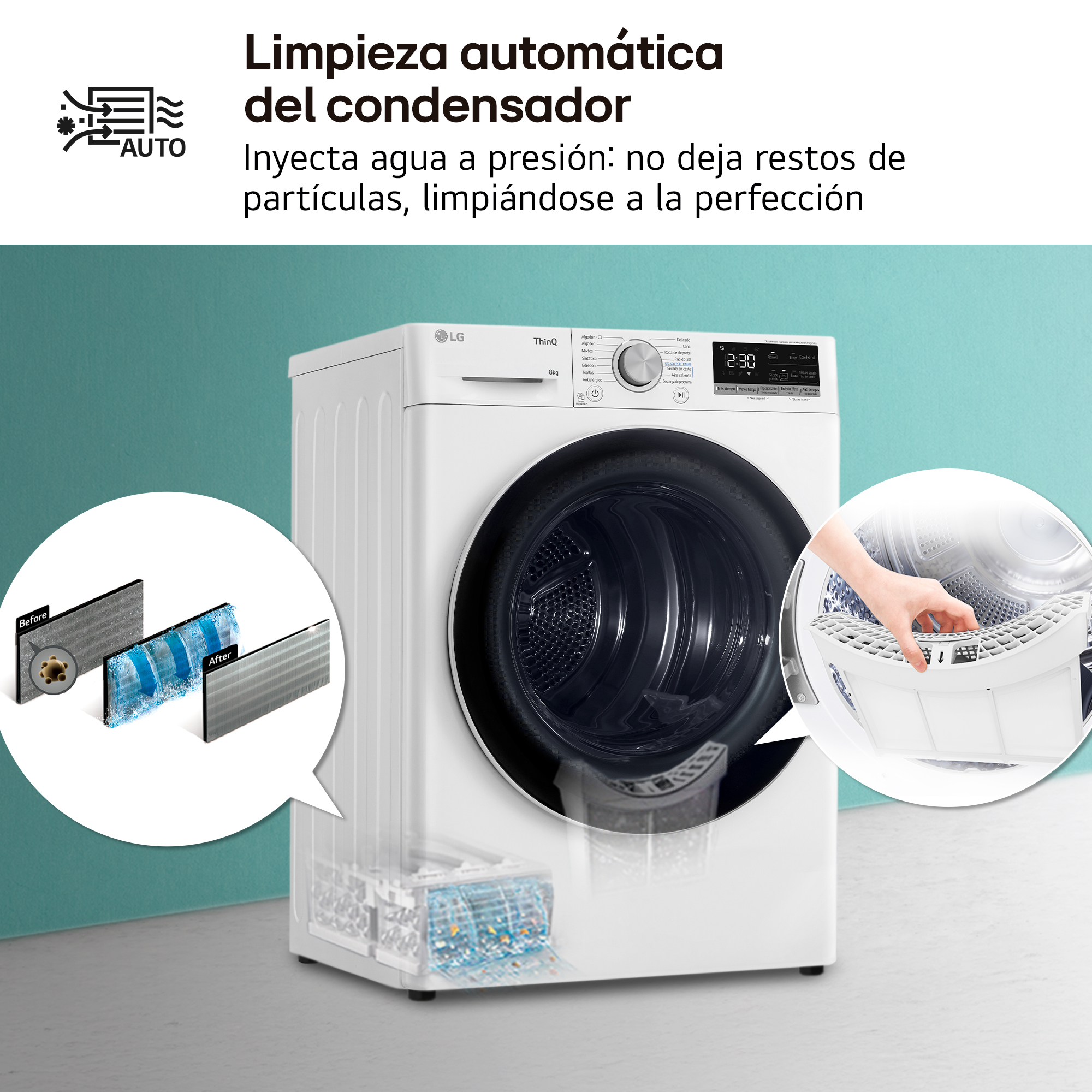 Una secadora LG blanca con texto que indica la limpieza automática del condensador. Los filtros se muestran antes y después de la limpieza.