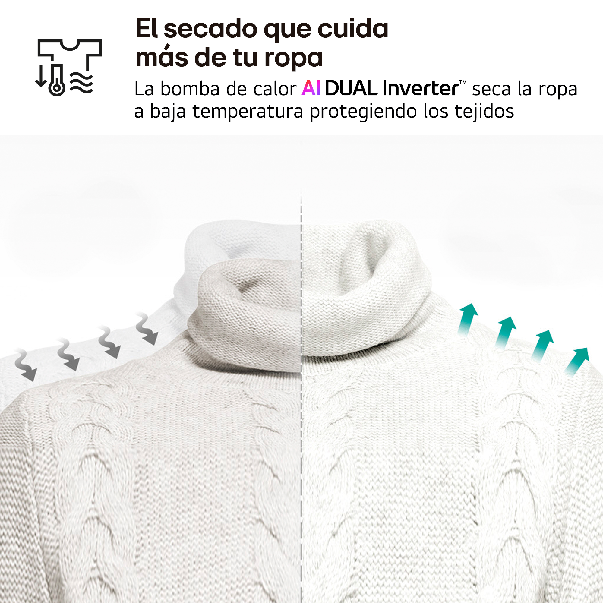 Un suéter a medio secar con flechas de flujo de aire. Texto: 'Secado que cuida tu ropa'.