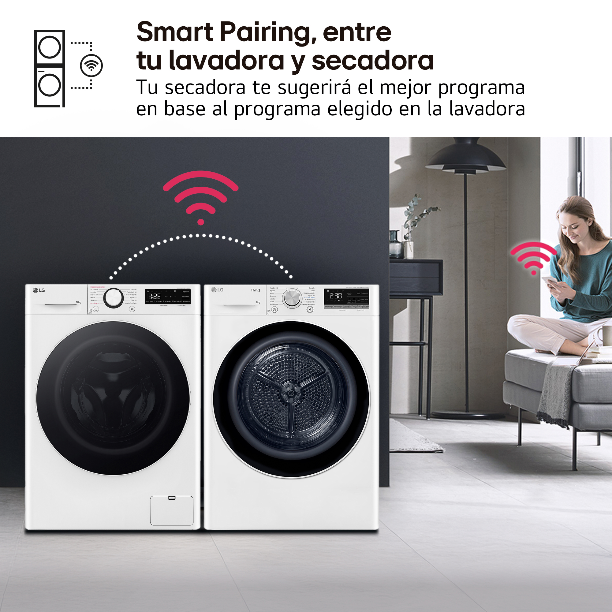 Una mujer usa un teléfono, con lavadora y secadora al fondo. Los electrodomésticos muestran una conexión wifi.