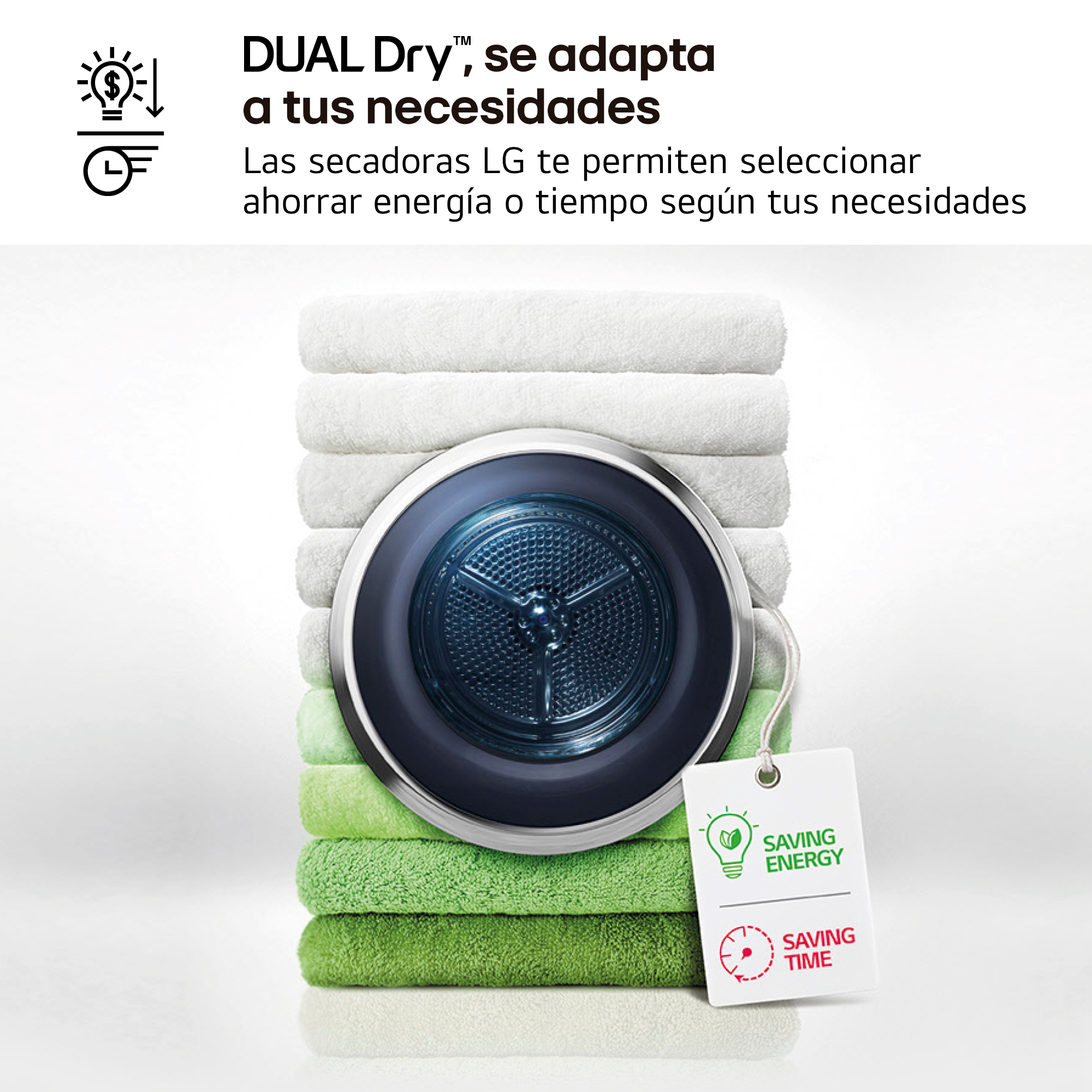 Una secadora con toallas. Una etiqueta dice 'Ahorro de energía' y 'Ahorro de tiempo'.