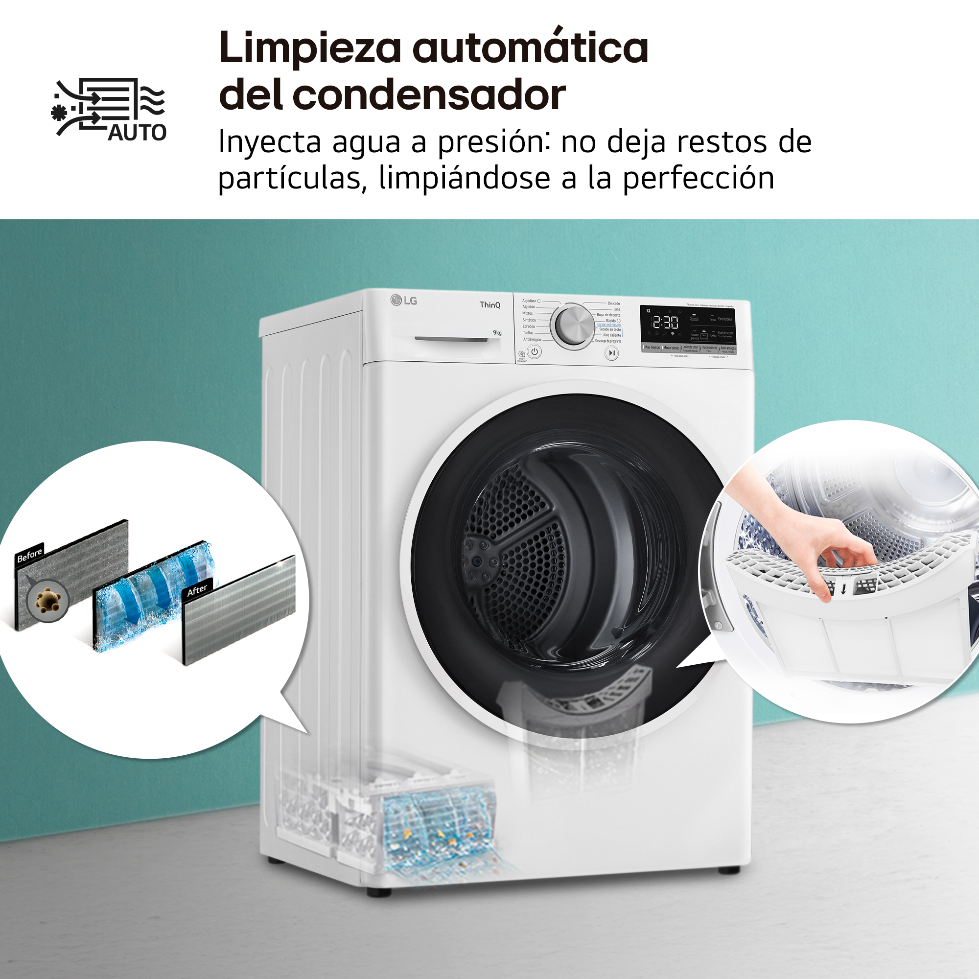 Una secadora LG blanca con diagrama de limpieza del condensador. El texto dice: limpieza automática del condensador.