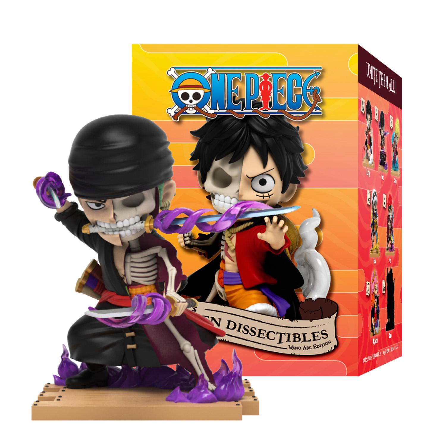 Figuren der One Piece-Charaktere Zoro und Luffy in Skelettform. Schachtel im Hintergrund mit One Piece-Logo.