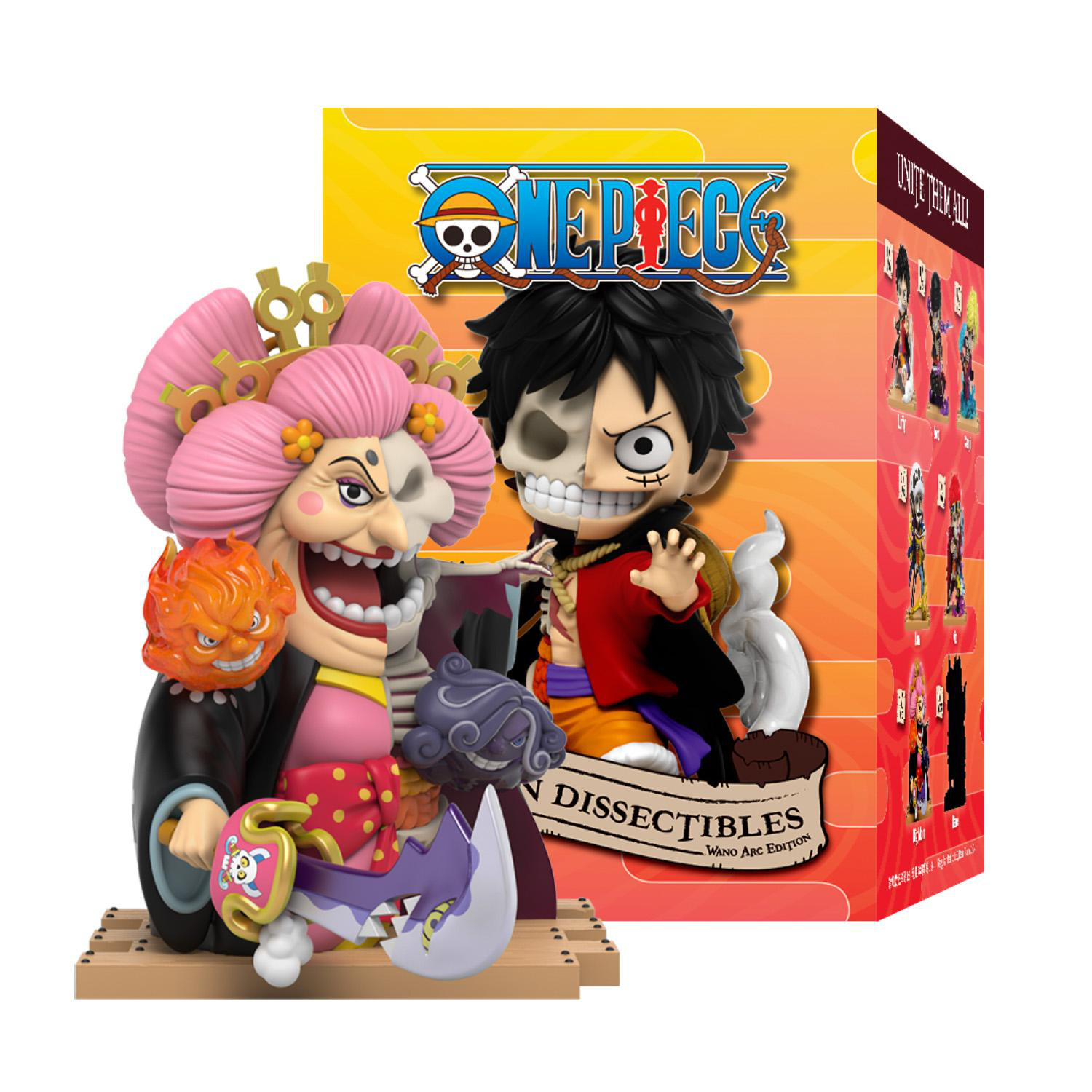 Eine One Piece-Figur mit geteiltem Gesicht. Eine Seite der Figur ist ein Charakter, die andere ein Skelett. Im Hintergrund ist eine Schachtel.