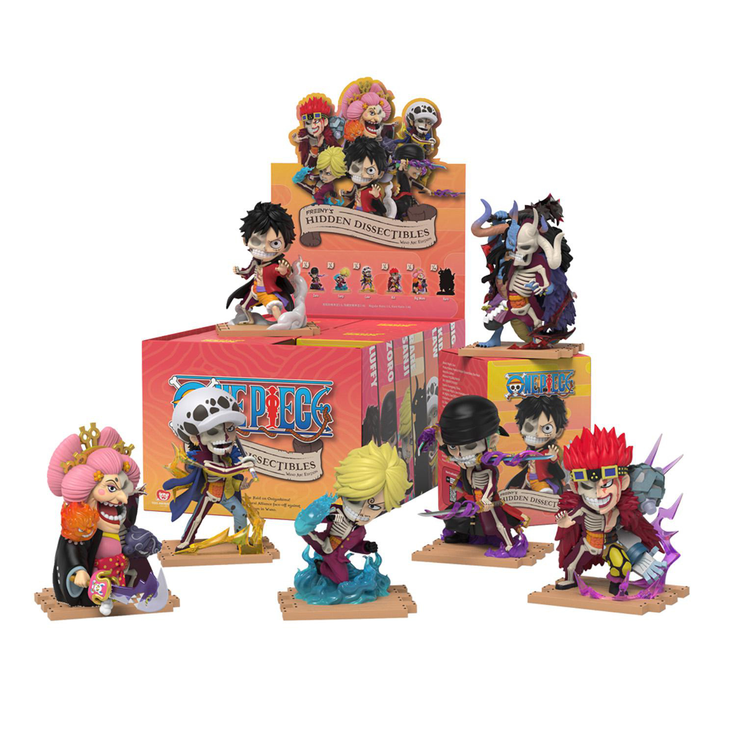 Sammlung von One Piece-Figuren. Charaktere sind Luffy, Zorro und andere. Boxen und Display mit Werbetext.