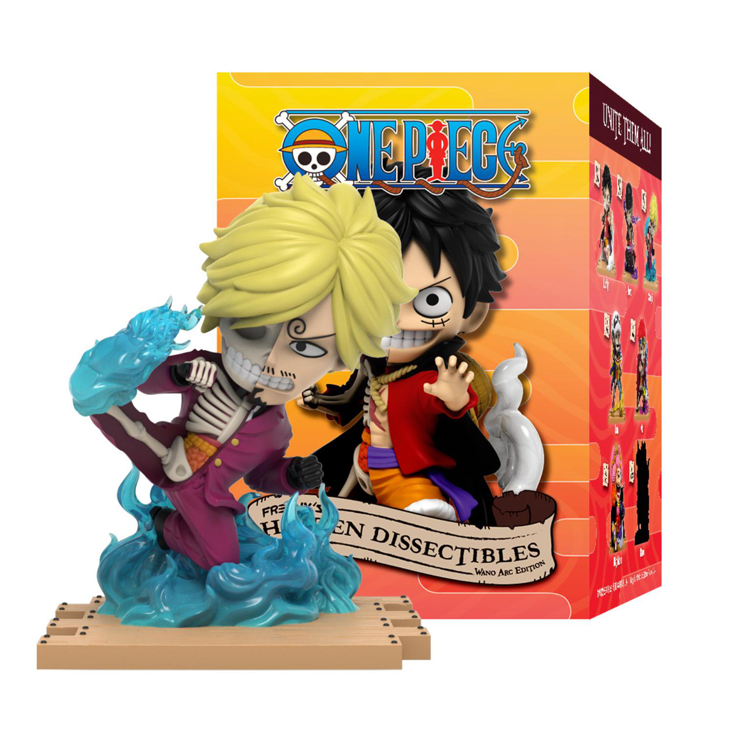 Eine One Piece-Figur zeigt Sanji mit Skelettgesicht und blauen Flammen sowie Ruffy. Auf der Box steht "EN DISSECTIBLES".