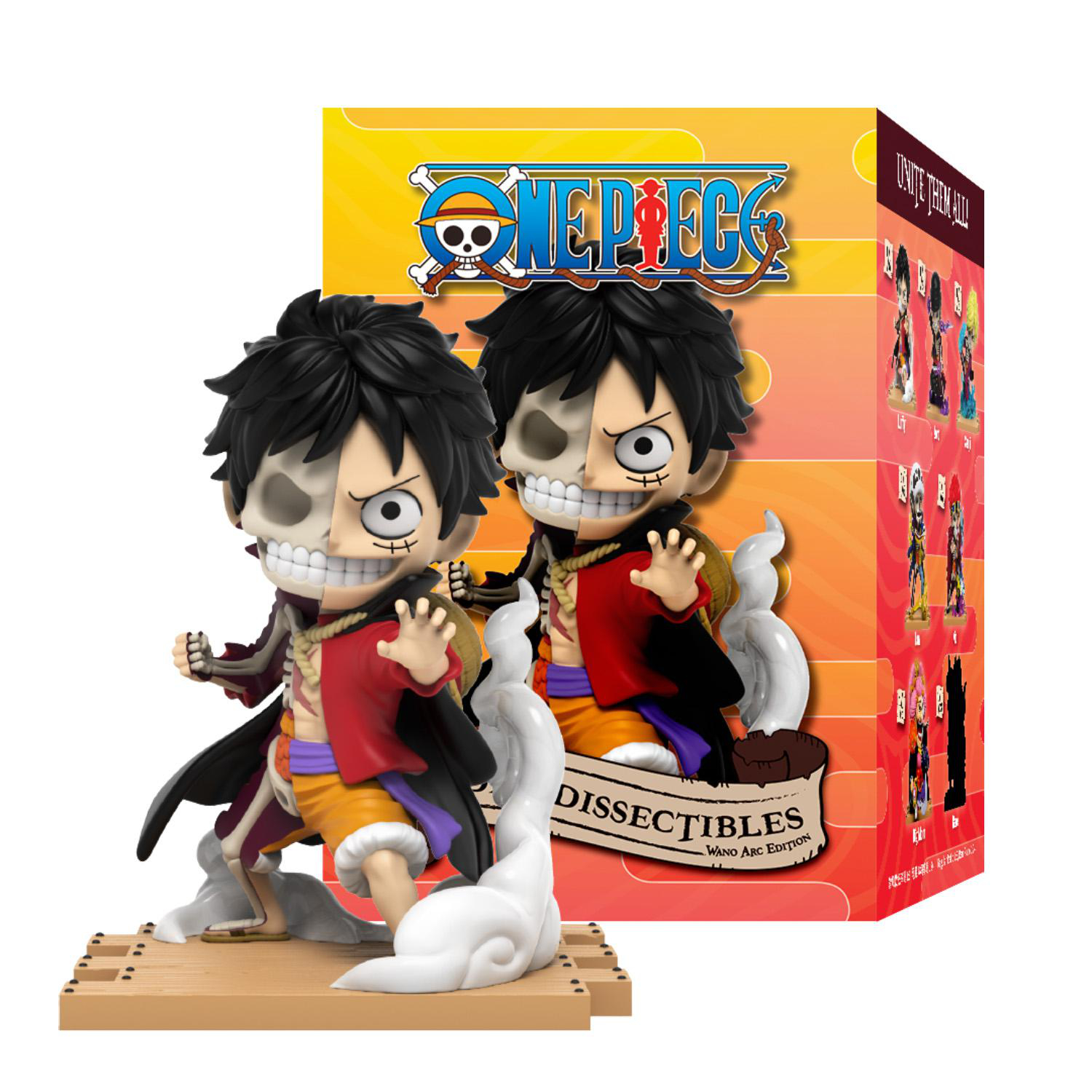 Zwei Luffy-Figuren mit halb-Skelett-Design, eine Box mit One Piece-Logo und eine Display-Basis. Die Figuren tragen rote und gelbe Kleidung.