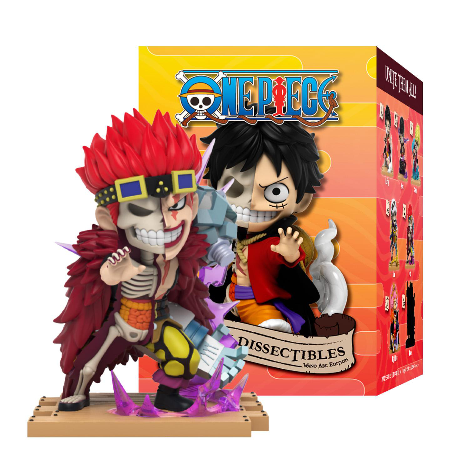 One Piece Figuren: Kid und Luffy, zerlegter Stil, mit einer Box im Hintergrund. Auf der Box steht "Dissectibles" und "Wano Arc Edition".