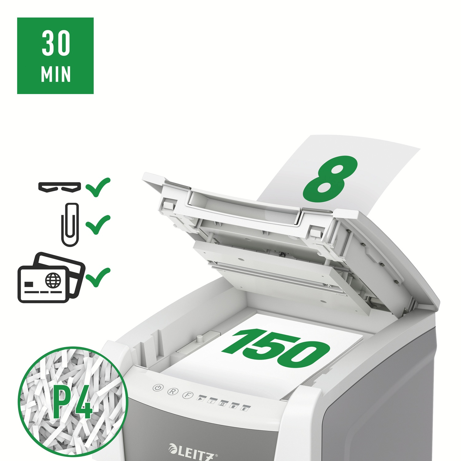 Un tritacarte con numeri verdi su carta. Simboli di punti metallici, graffette e carte di credito con segni di spunta. Un cartello verde '30 min'.