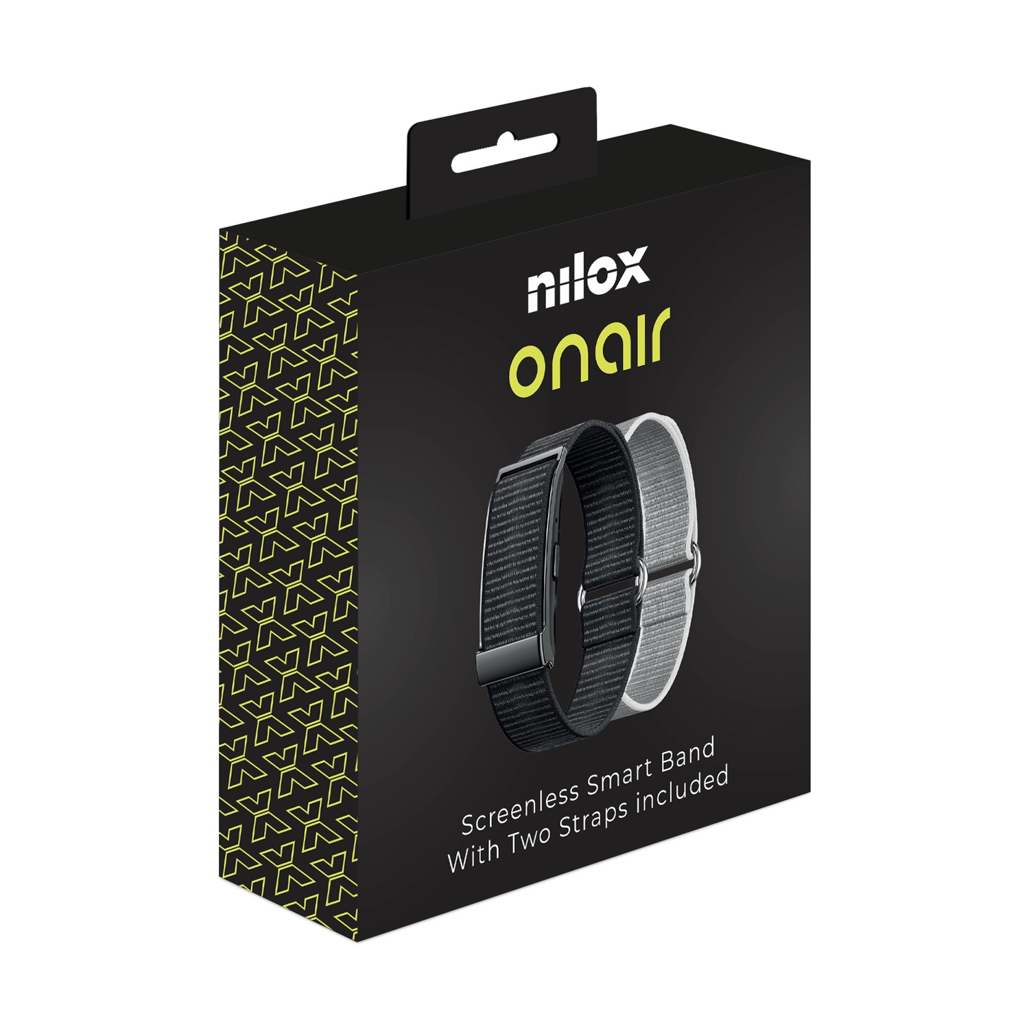 Scatola con smart band senza schermo Nilox Onair. La scatola è nera con due cinturini. Uno nero e uno grigio.