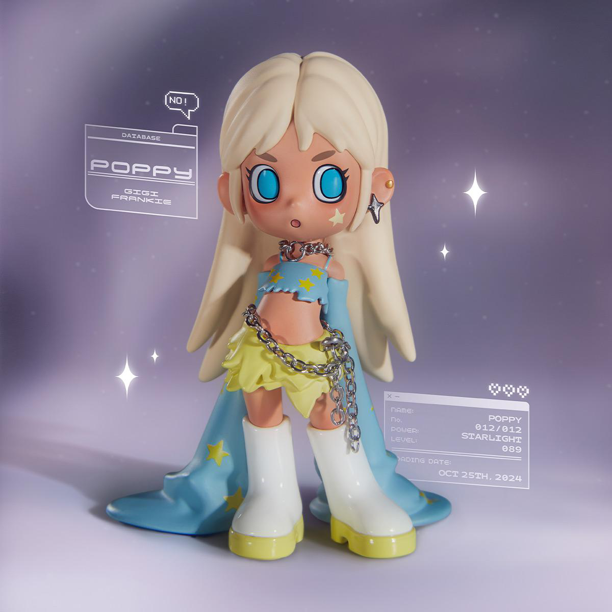 Eine Figur eines Mädchens mit blonden Haaren und blauen Augen. Sie trägt ein blaues Oberteil, einen gelben Rock und weiße Stiefel. Eine Datenbankoberfläche ist im Hintergrund.