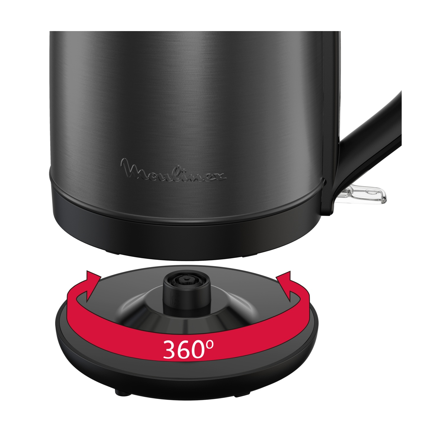 Un bollitore Moulinex nero, base con freccia di rotazione a 360°. Il bollitore è in alto, manico visibile. Sfondo bianco.