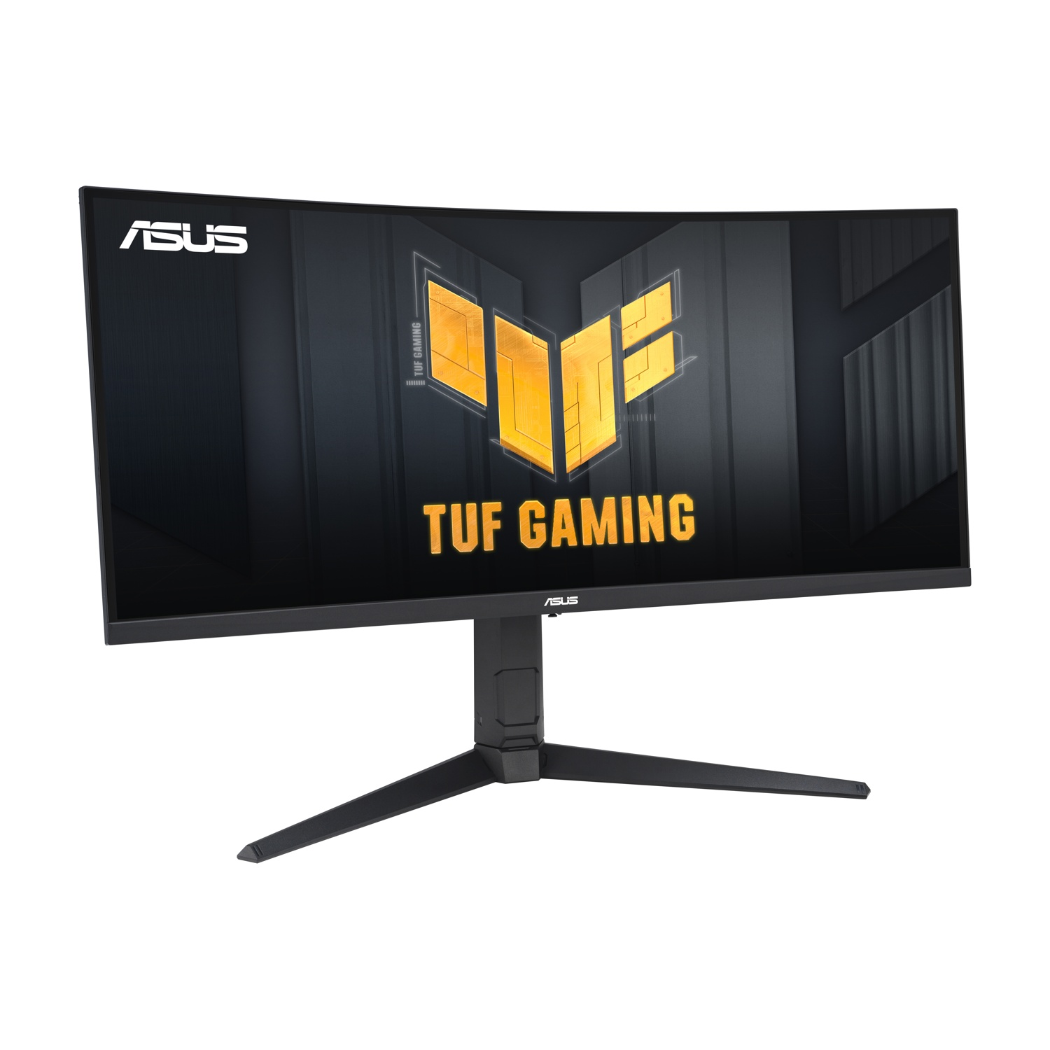 Monitor curvo ASUS TUF Gaming su sfondo bianco. Supporto e cornice neri, con logo e testo sullo schermo.