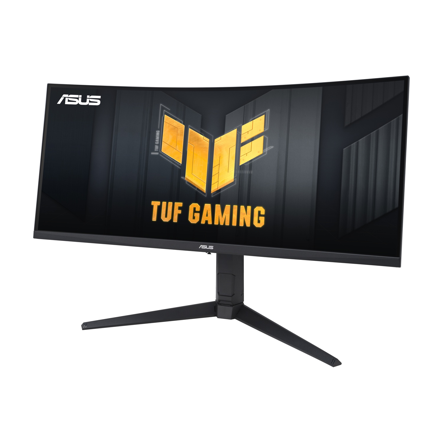 Un monitor ASUS TUF Gaming curvo. Lo schermo mostra un logo con colori oro e nero, con le parole 'TUF GAMING'.