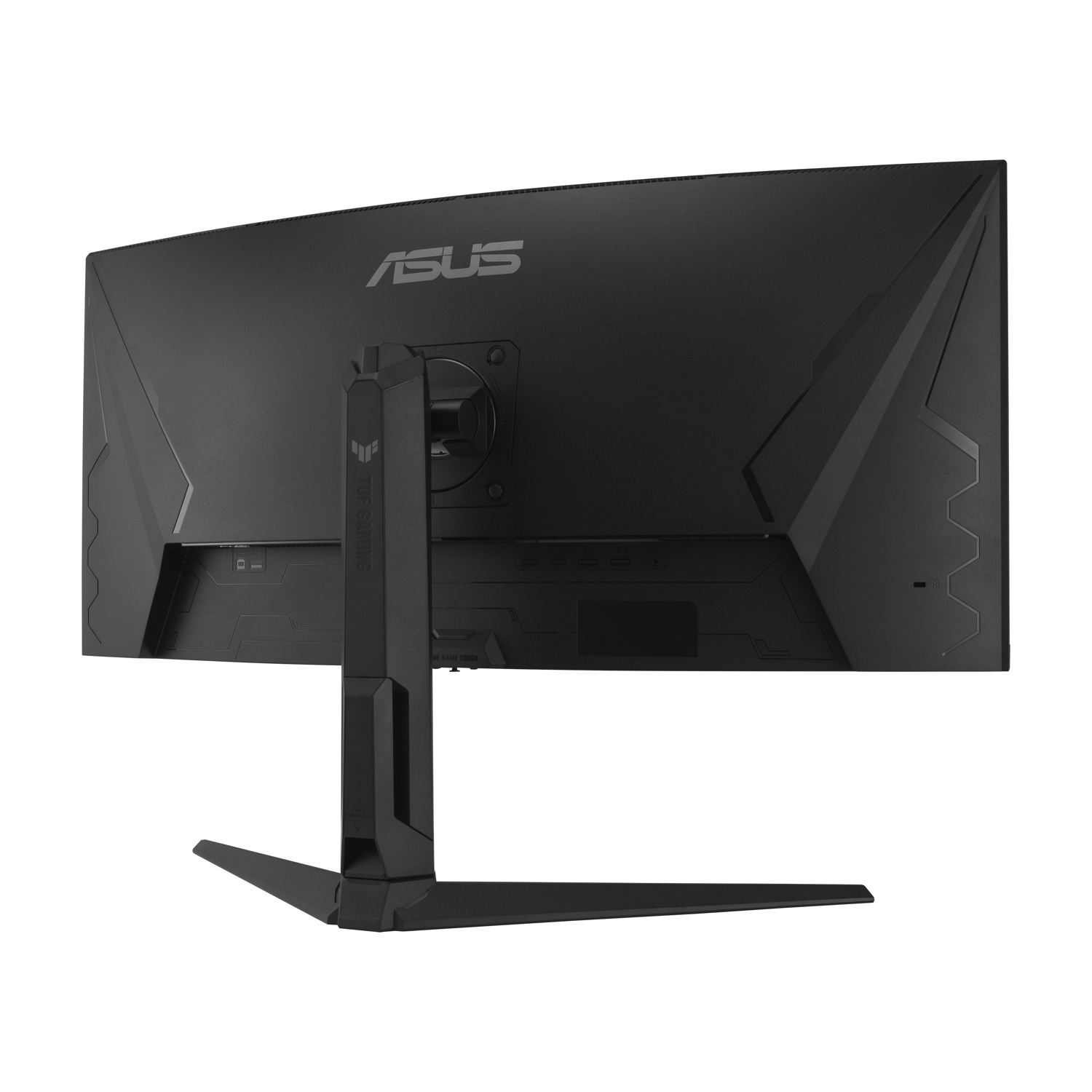 Monitor curvo ASUS nero per gaming. Supporto e porte posteriori visibili. Logo ASUS centrato in alto.