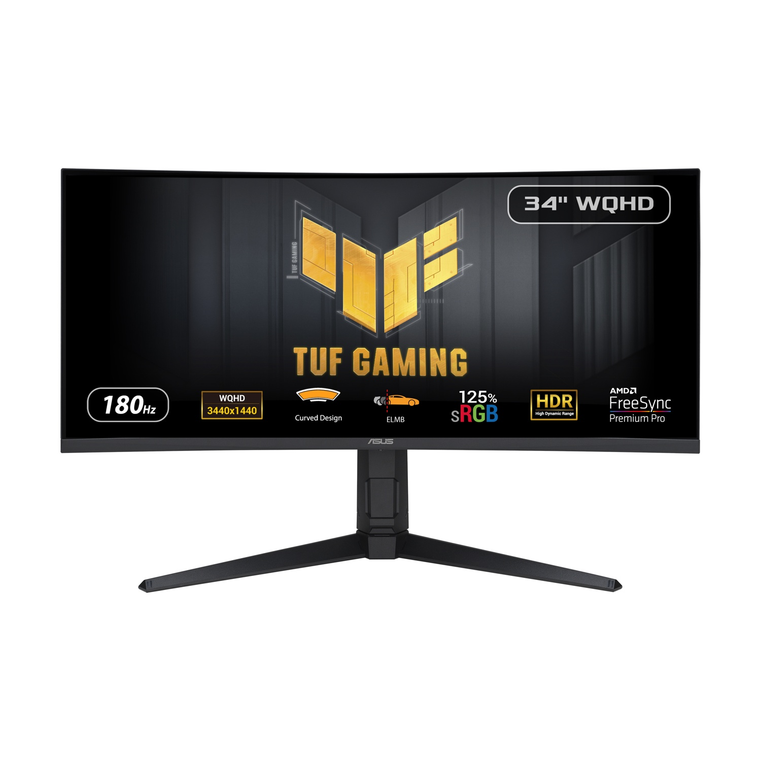 Un monitor curvo per il gaming con cornice, supporto neri e design nero e oro. Include 180Hz, WQHD e FreeSync.