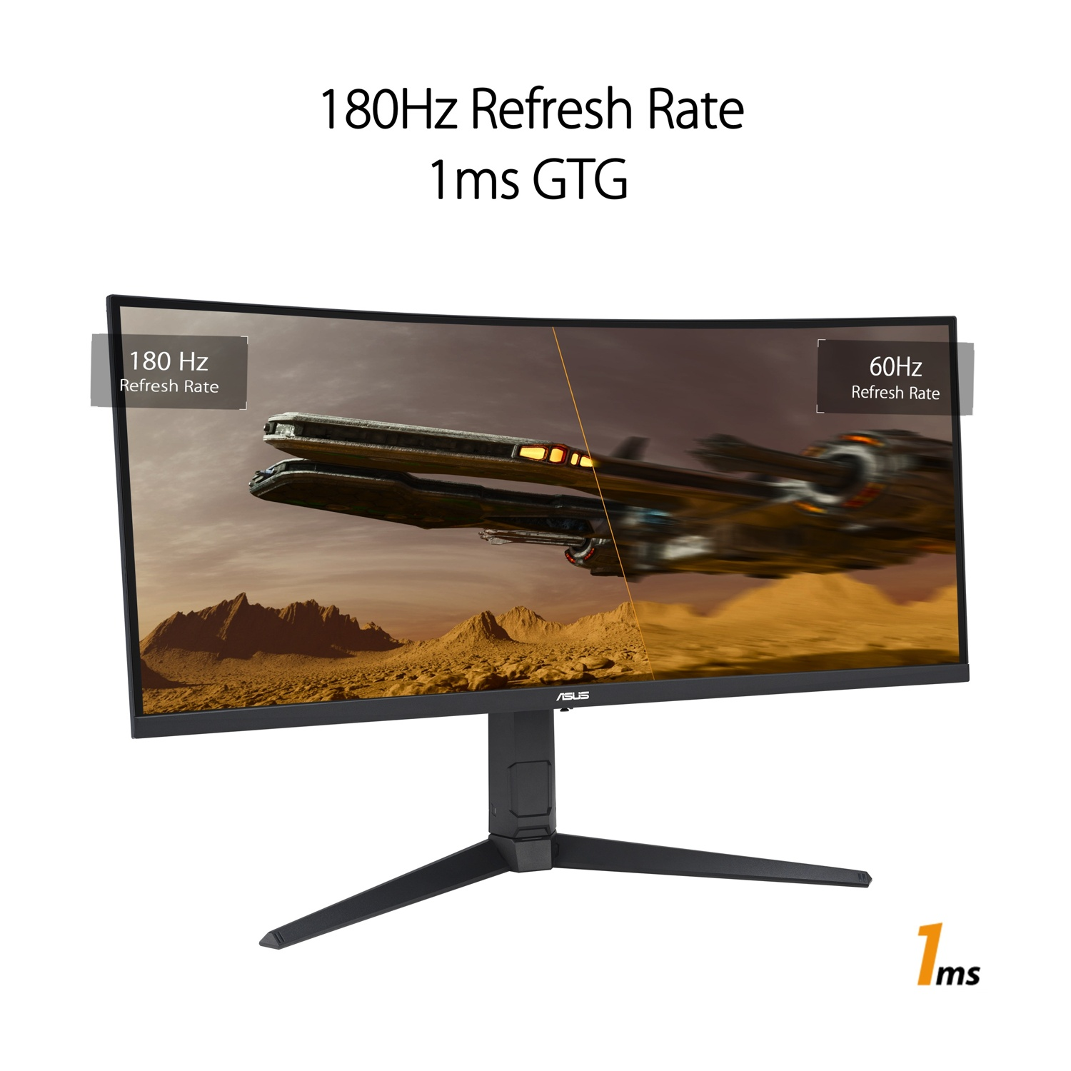 Un monitor curvo mostra una scena fantascientifica. Ha una cornice e un supporto neri. Il testo indica frequenza di aggiornamento 180Hz e tempo di risposta 1ms.