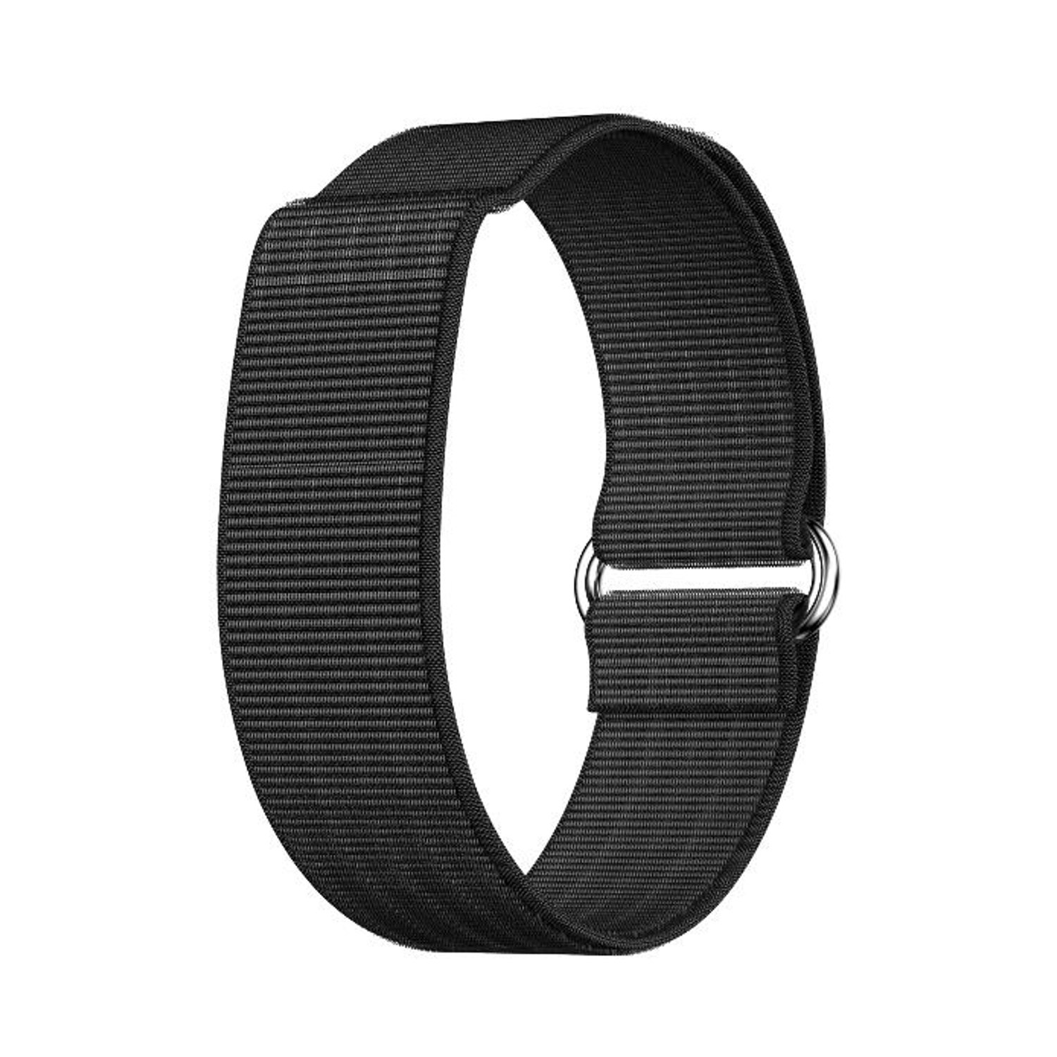 Un cinturino nero con chiusura a strappo e anello in metallo su sfondo bianco.