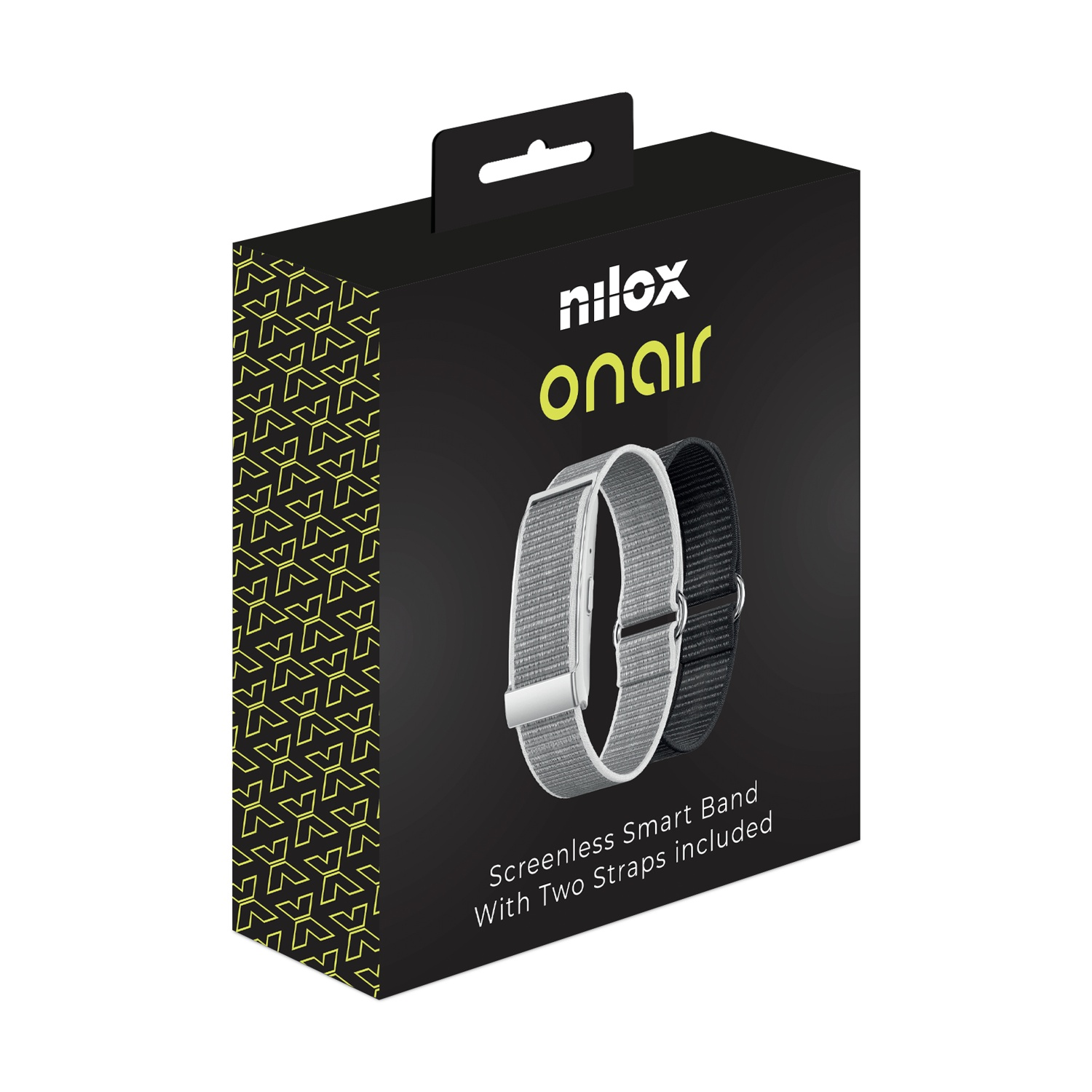 Scatola nera con immagine di smart band. Mostra un cinturino grigio e nero. La scatola dice 'nilox onair' e 'Screenless Smart Band'.