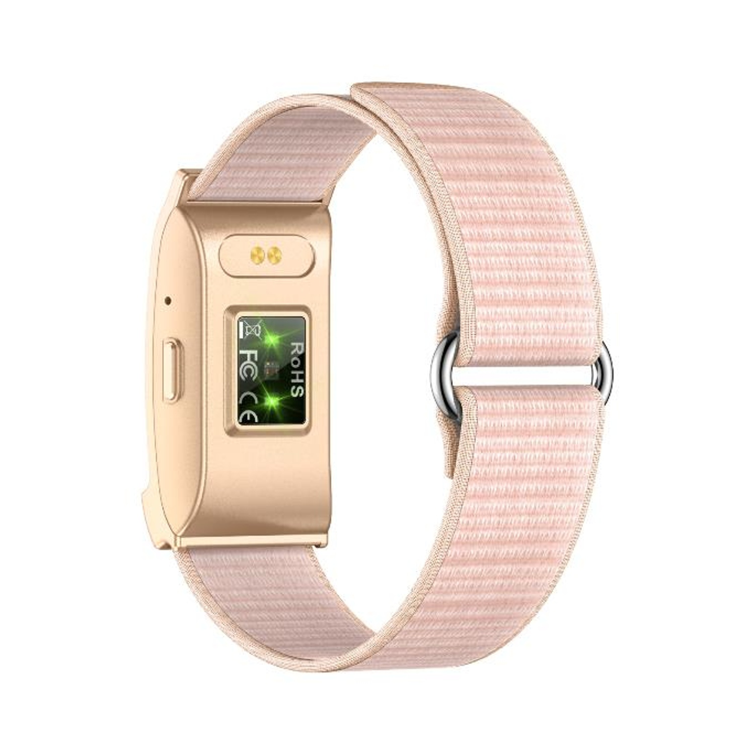 È visualizzato uno smartwatch dorato con cinturino in tessuto rosa. Il quadrante mostra uno schermo verde. Il cinturino ha una chiusura in metallo.