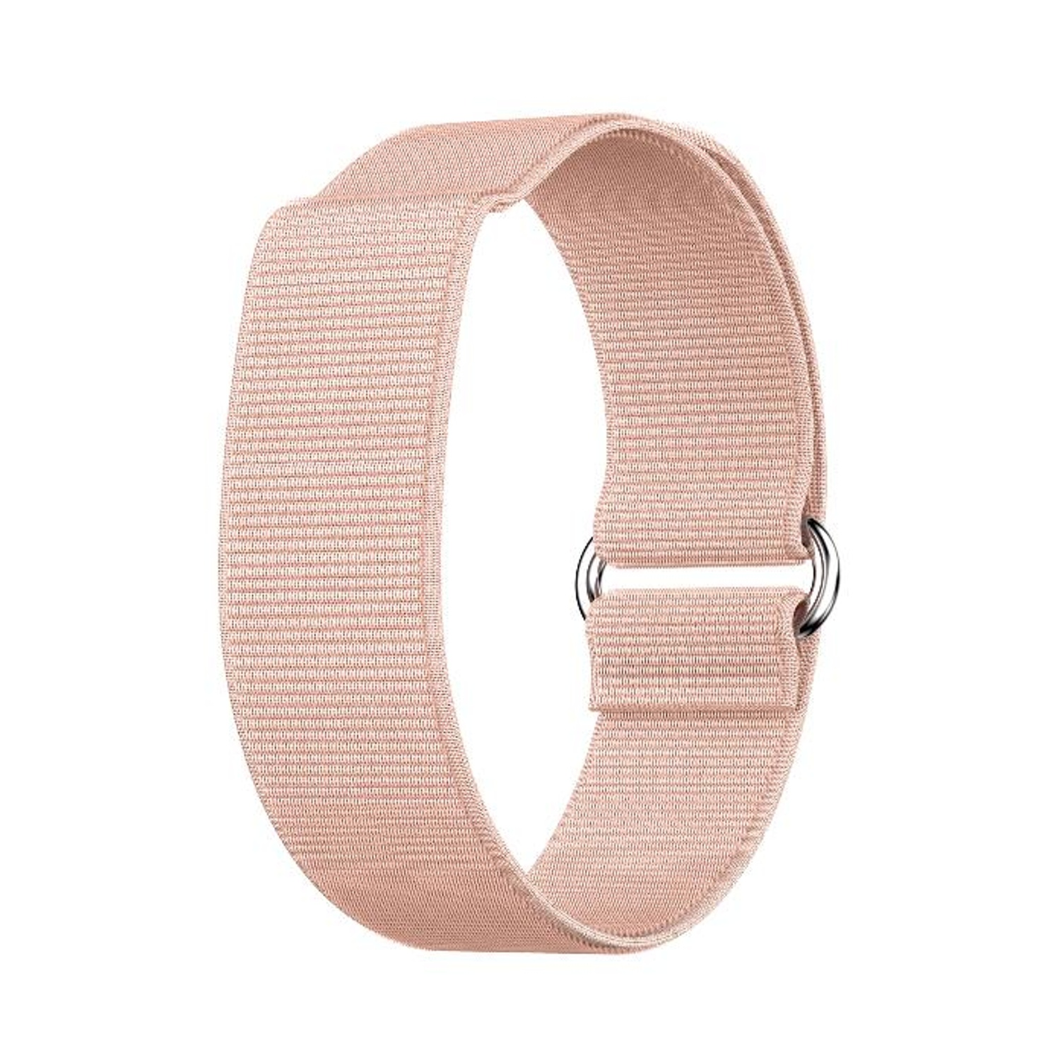 Un cinturino per orologio in tessuto rosa chiaro, ad anello con due anelli di metallo, su sfondo bianco. Il tessuto ha una trama tessuta.